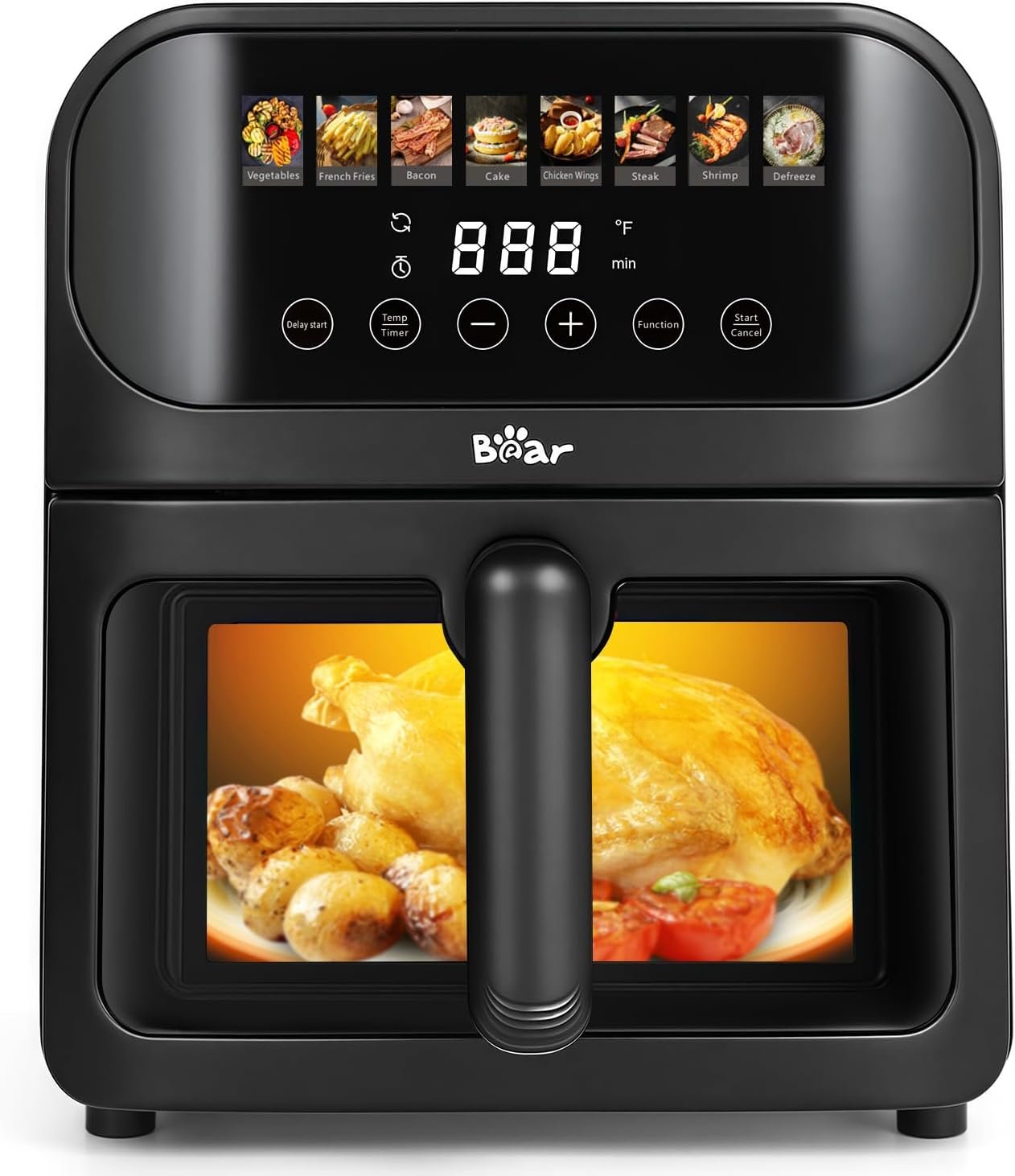 Bear 6.4Qt Air Fryer, 8 Presets, Visible Window, Non-Stick, Dishwasher Safe | Stainless steel body; 8 presets inc. roast, bake, crisp, fries & steak; adjustable temp/timer; great for family meals