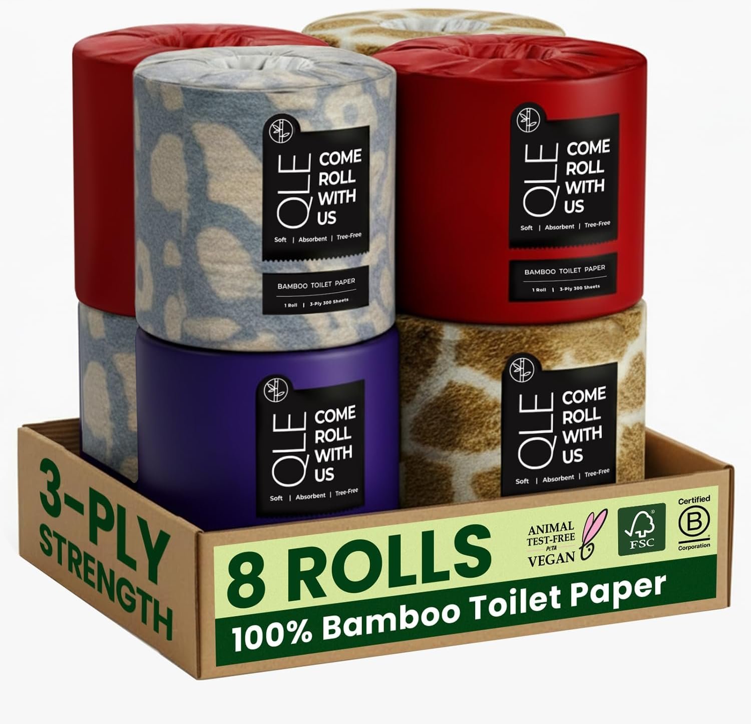 QLE Bamboo Toilet Paper, 8 Pack, 3-Ply, 300 Sheets Per Roll, Organic, Chemical-Free, Hypoallergenic, Bamboo, Compostable, Septic Safe, FSC Certified