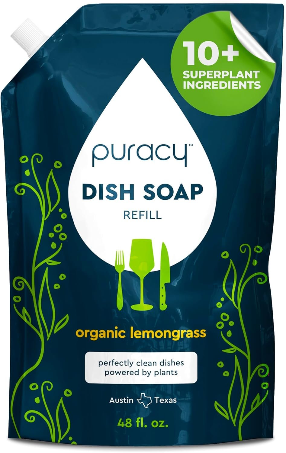 Puracy Natural Dish Soap Refill – Skin-Softening Plant-Based Liquid Dishwashing Detergent Soap, Clean-Rinsing Water-Sheeting Formula (Organic Lemongrass, 48 fl oz)
