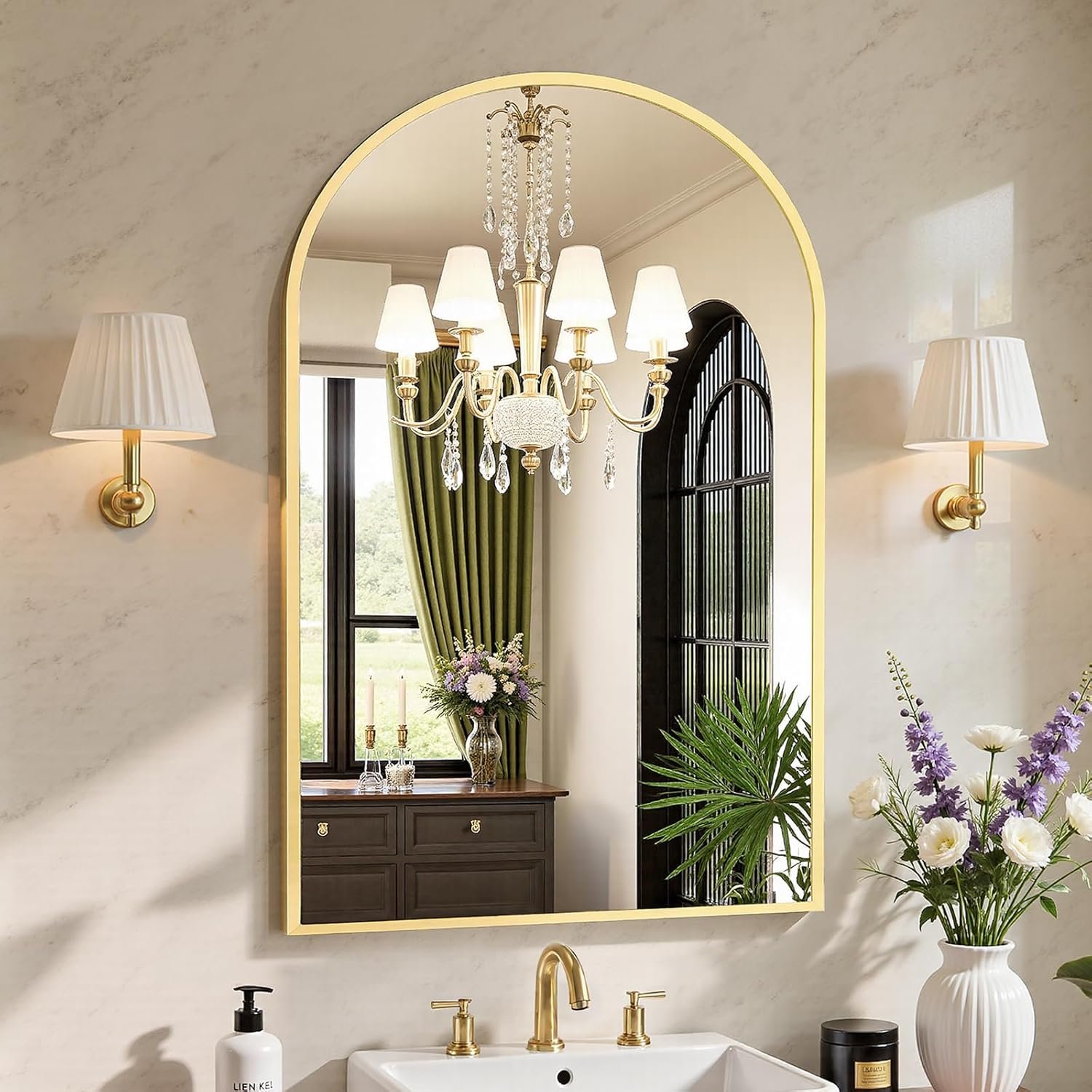 Sweetcrispy 24″x 36″ Arched Gold Bathroom Mirrors for Wall | Bathroom Mirrors for Over Sink, Metal Framed with HD Shatter-Proof Glass for Entryway, Bedroom, Home Decor
