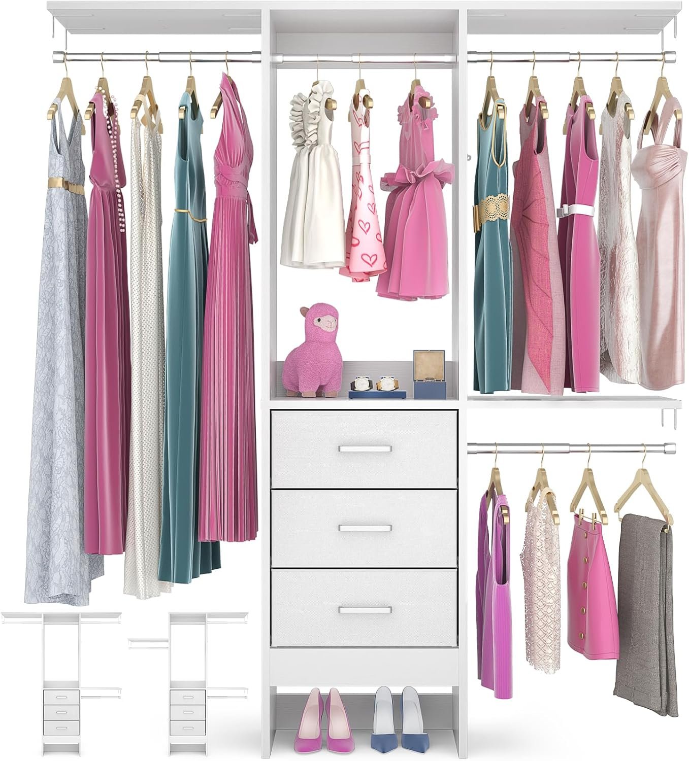Besiost 4FT Small Closet System with 3 Fabric Drawers, 48” Closet Organizer System With 3 Adjustable Shelves, Flexible Built-In Clothes Garment Rack for Small Space, 48″ L x 13″ W x 71″ H, White