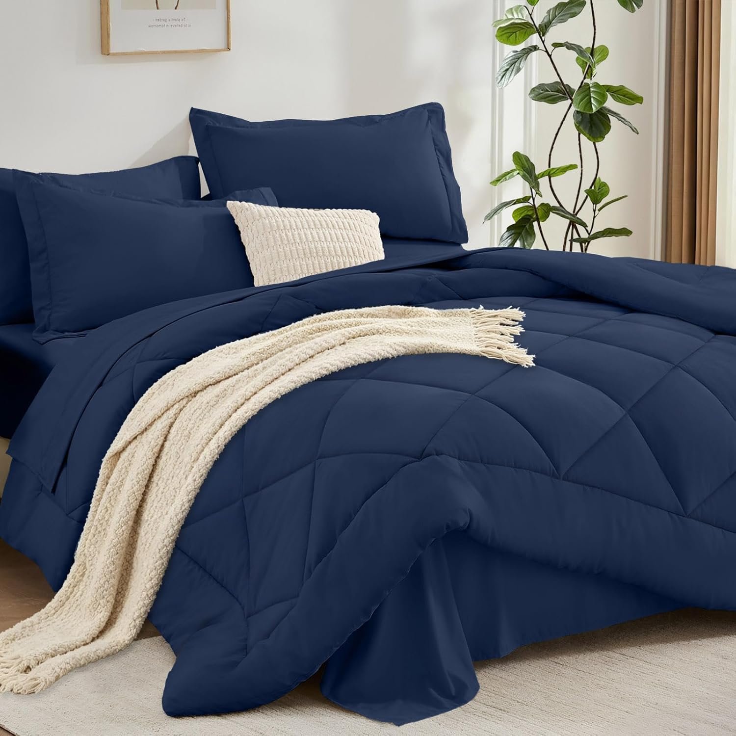 FUANNA Queen Comforter Set 7 Pieces, Luxury Comforters Queen Size All Season, Soft Queen Bed Set with Lightweight Fluffy Comforter, Flat Sheet, Fitted Sheet, Pillowcases & Pillow Shams, Navy Blue