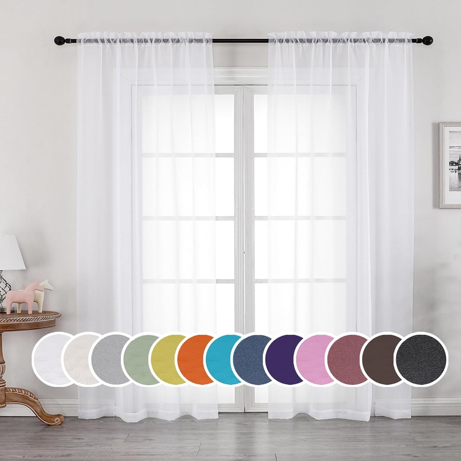 OWENIE White Sheer Curtains 84 inches Long 2 Panels Set, Sheer White Curtains for Living Room/Bedroom, Rod Pocket Voile Sheer Panel Drapes, 2pcs, Each 42″ Width x 84″ Long