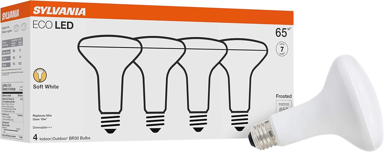 Sylvania ECO LED BR30 Light Bulb, 65W = 10W, Dimmable, Frosted Finish, 650 Lumens, 2700K, Soft White – 4 Pack (40870)