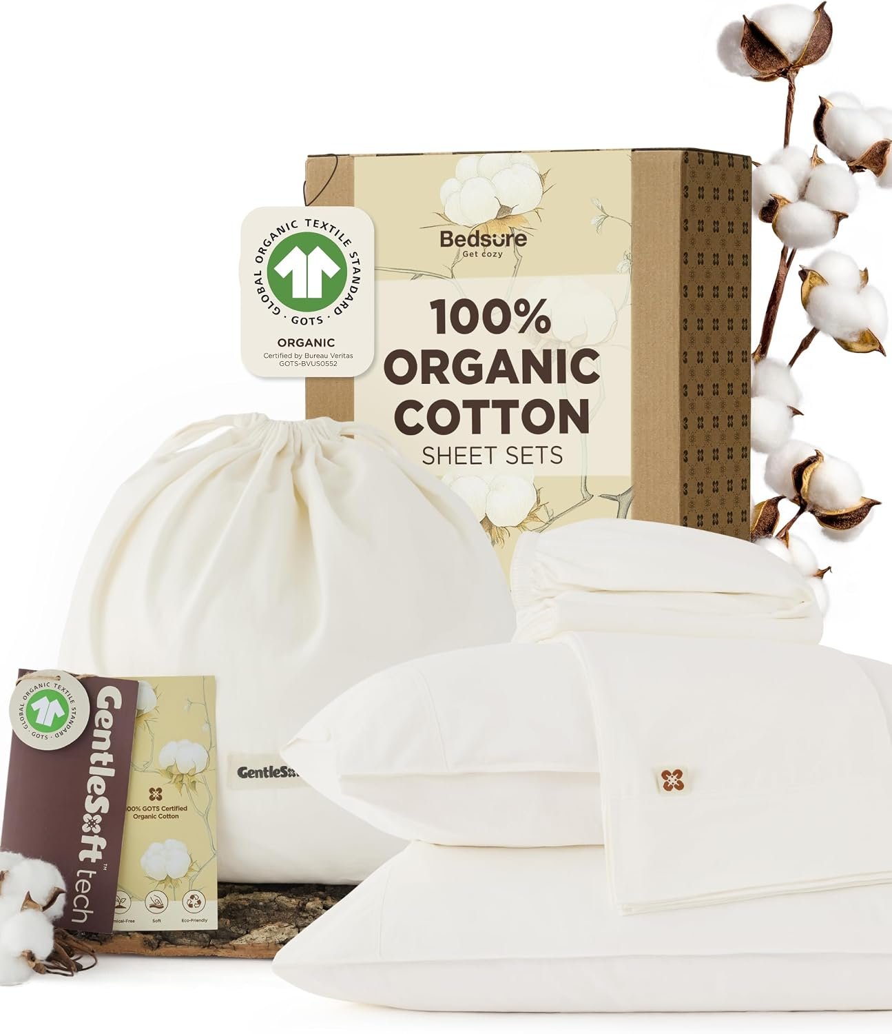 Bedsure 100% GOTS Certified Organic Cotton Sheets, King Size Sheets Set, 17″ Deep Pocket Bedsheets with Corner Straps, Eco-Friendly, Soft, Breathable & Luxury PureWoven Cotton Hotel Bedding, Ivory