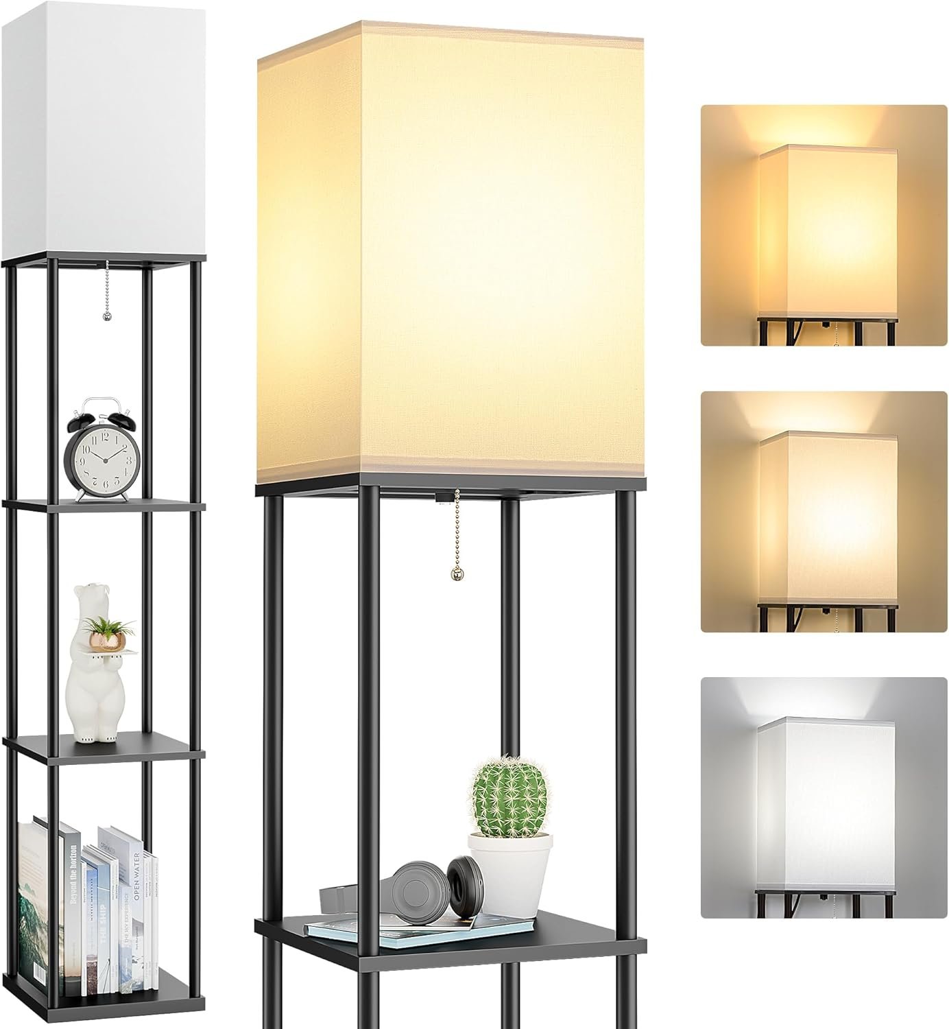 FOLKSMATE Floor Lamp with Shelves, 3-Tier Modern Square Bookshelf Floor Lamp, 3 Color Temperature Bulb Included, Black Floor Lamps for Living Room Bedroom Corner