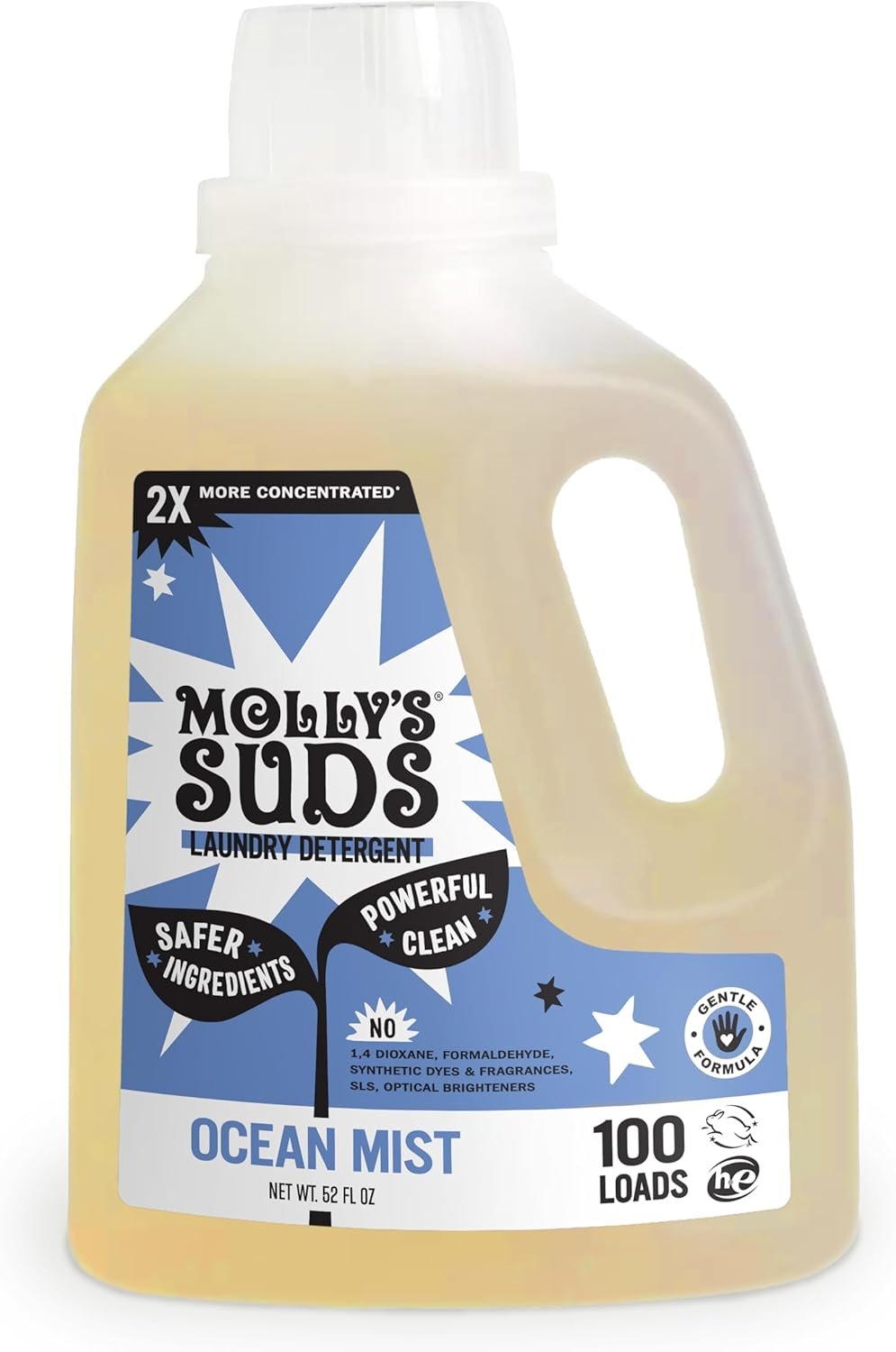 Molly’s Suds Liquid Laundry Detergent | Clean Laundry Detergent Soap for Sensitive Skin | 2x Concentrated, High Efficiency (HE) | Ocean Mist – 100 Loads