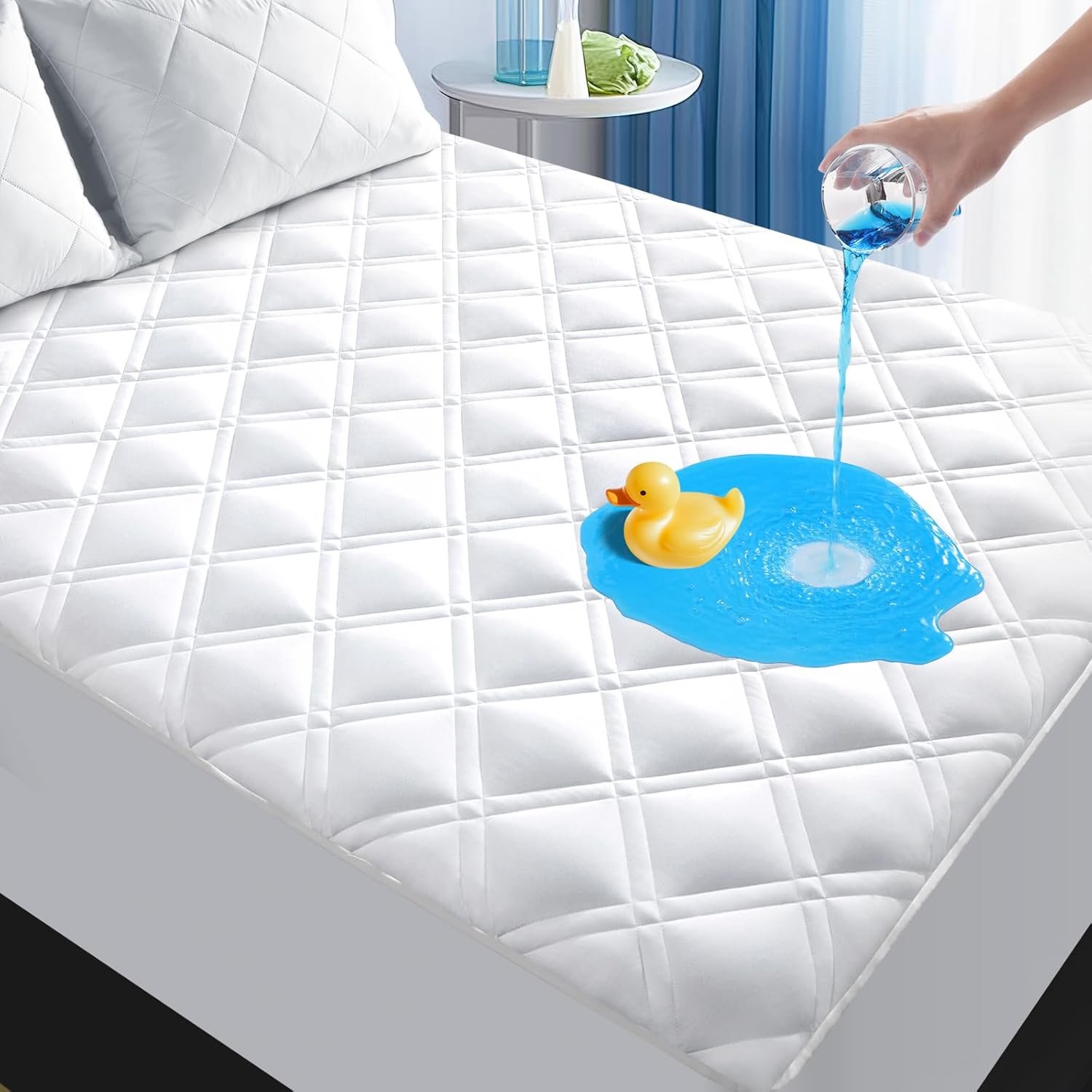 MEELUS Padded Queen Mattress Protector, Breathable Waterproof Mattress Pad Cover Fitted Deep Pocket 8″-21″, Soft Noiseless Mattress Cover Washable Cooling for Home Hotel Bedroom, White