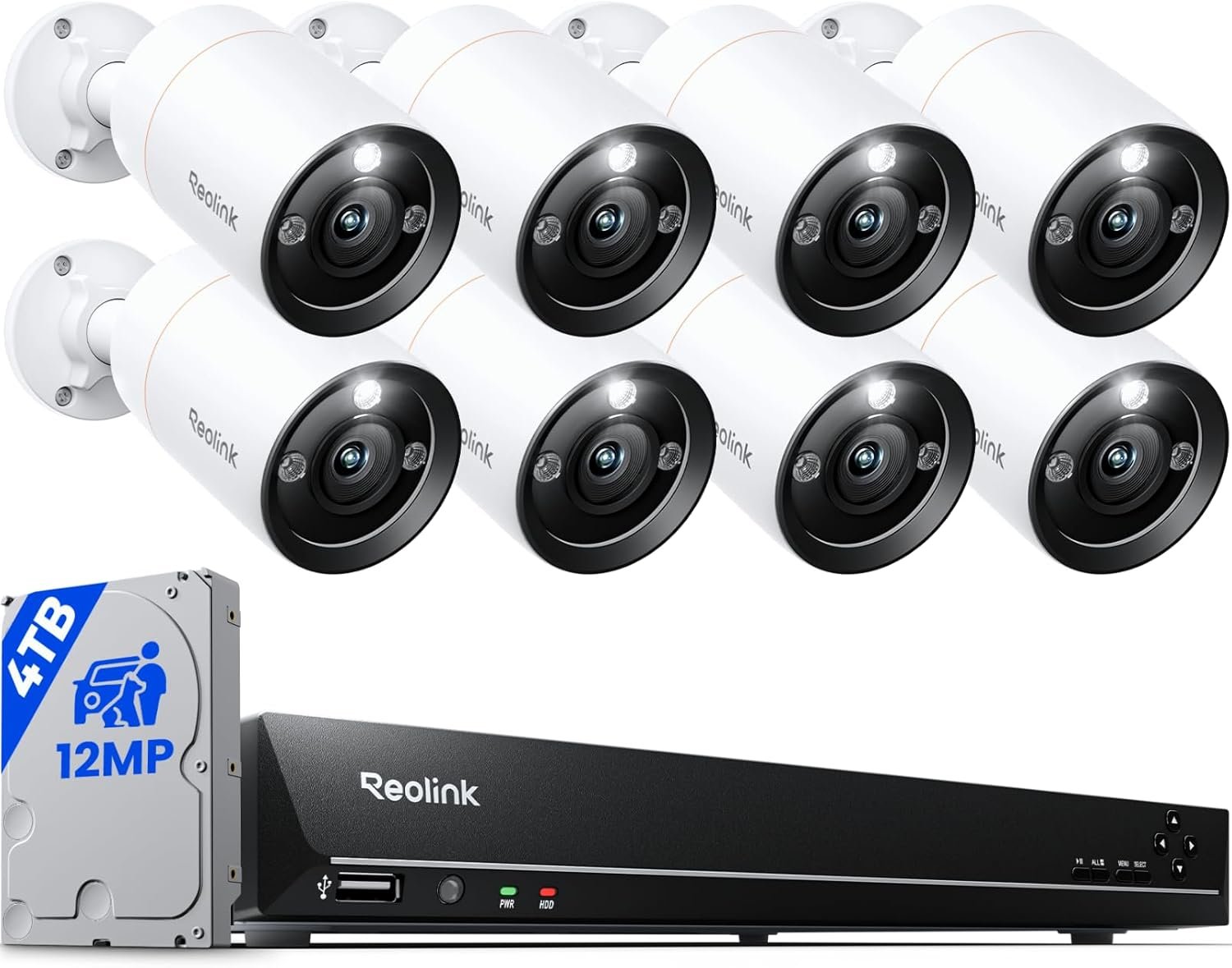 REOLINK 16CH 12MP Security Bullet Camera System with 4TB HDD RLK16-1200B8-A | 8pcs H.265 12MP PoE Cameras Outdoor, Person Vehicle Pet Detection, Spotlight Color Night Vision, Two-Way Talk,16CH NVR