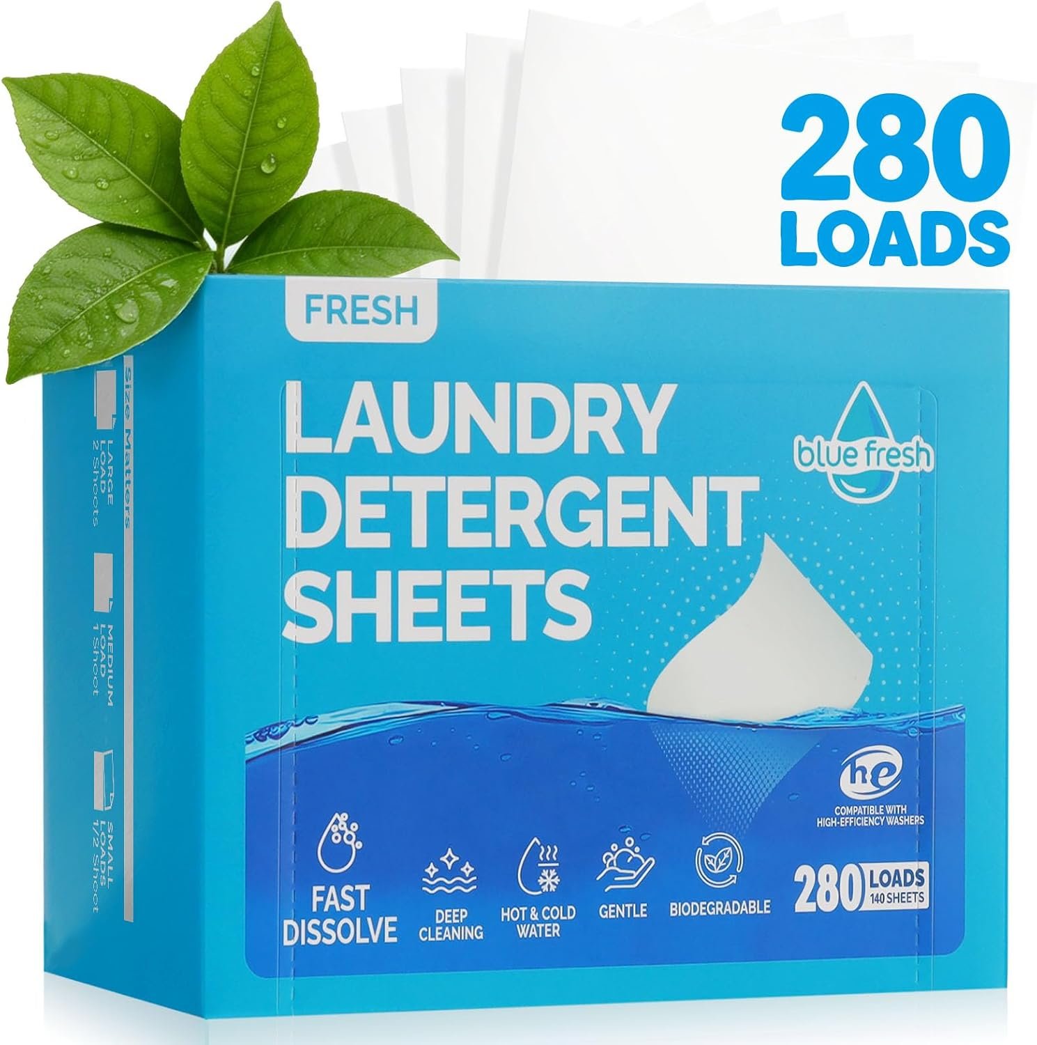 blue fresh Laundry Detergent Sheets Fresh Scent (280Loads) | Dual-Effect Laundry Soap Sheets, No Residue & Hypoallergenic, Plastic-Free, Eco-Friendly for Family, Dorms