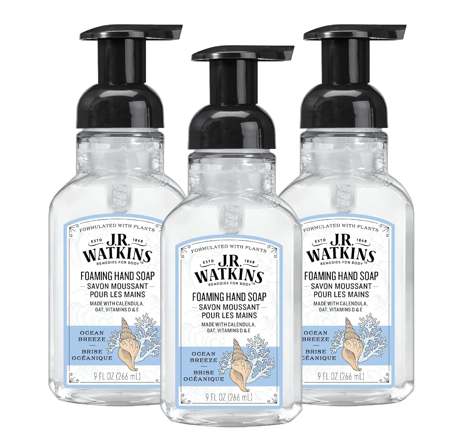 J.R. Watkins Foaming Hand Soap with Pump Dispenser, Moisturizing Foam Hand Wash, Alcohol-Free, Cruelty-Free, brise marine, 9 fl oz, 3 Pack