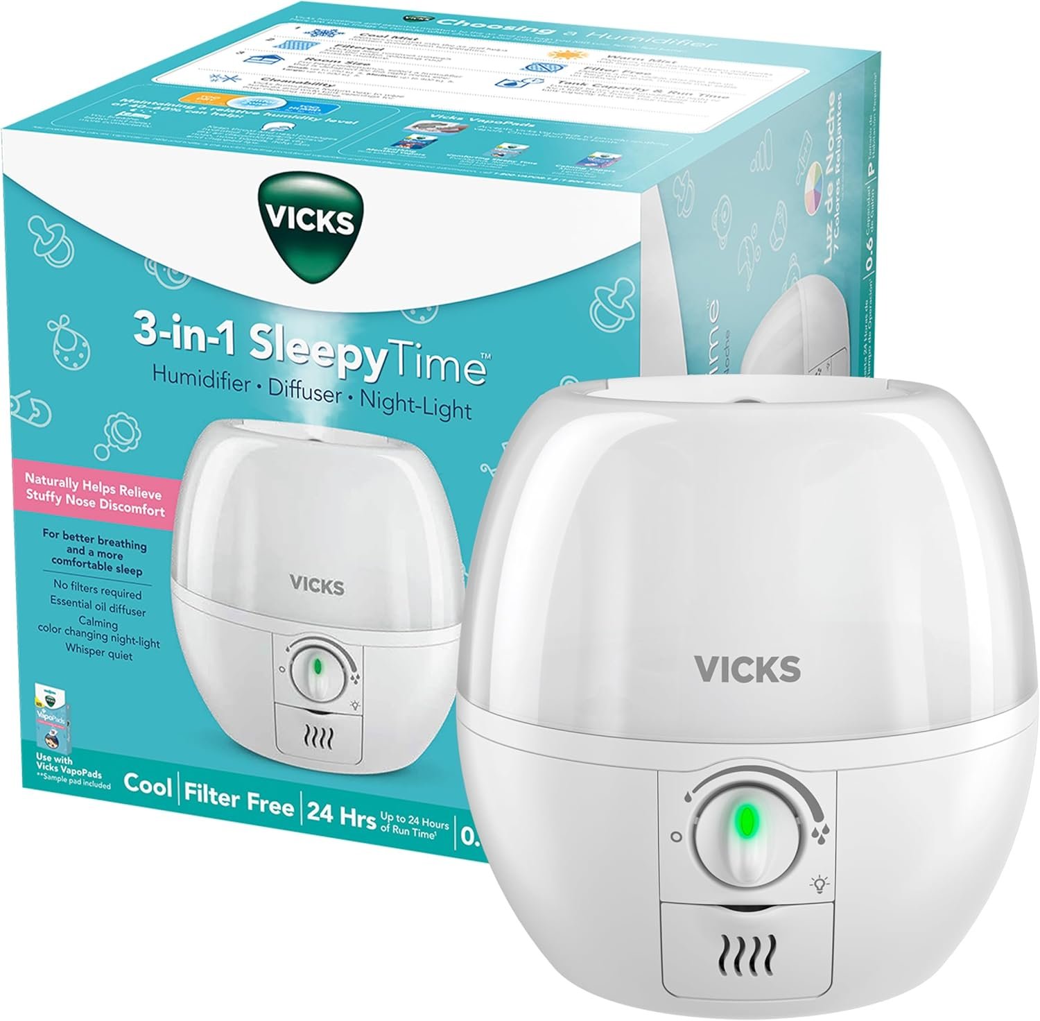 Vicks Humidifier 3-in-1 SleepyTime Cool Mist Humidifier for Baby & Kids Rooms with Color Changing Night Light and Essential Oil Diffuser, White