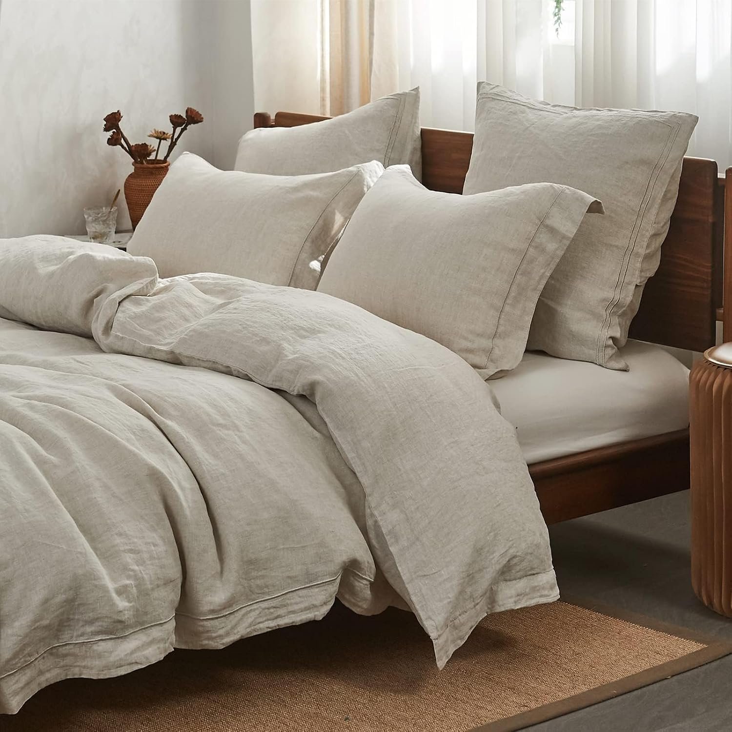 Simple&Opulence 100% French Flax Linen Duvet Cover Set with Embroidery Washed – 3 Pieces (1 Duvet Cover with 2 Pillow Shams) with Button Closure Soft Breathable Farmhouse – Linen, King Size