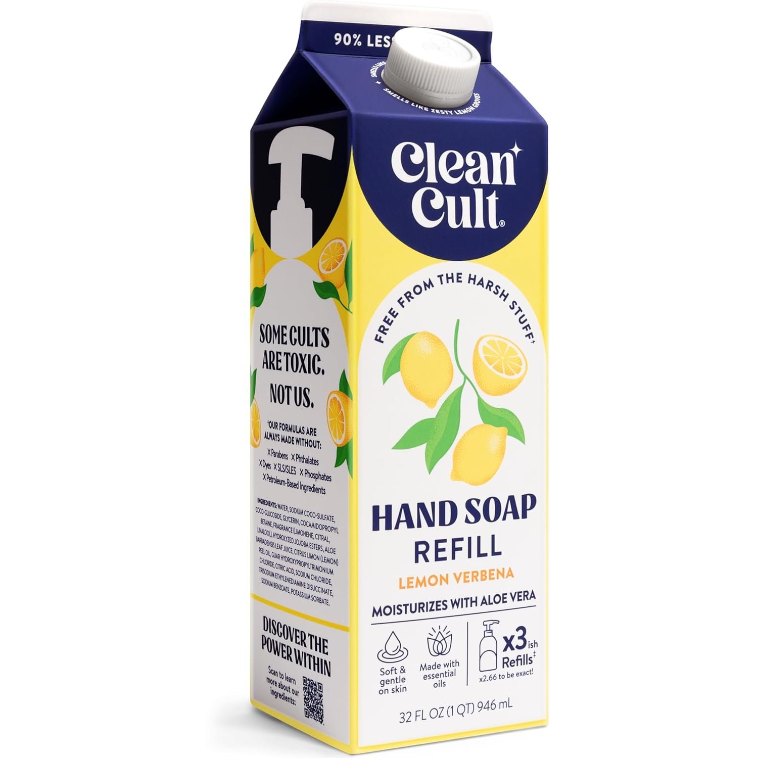 Cleancult Liquid Hand Soap Refill – Lemon Verbena – Moisturizes Dry & Sensitive Skin – Made with Aloe Vera & Essential Oils – Eco Friendly – Paper-Based Packaging – 32 oz/1 Pack