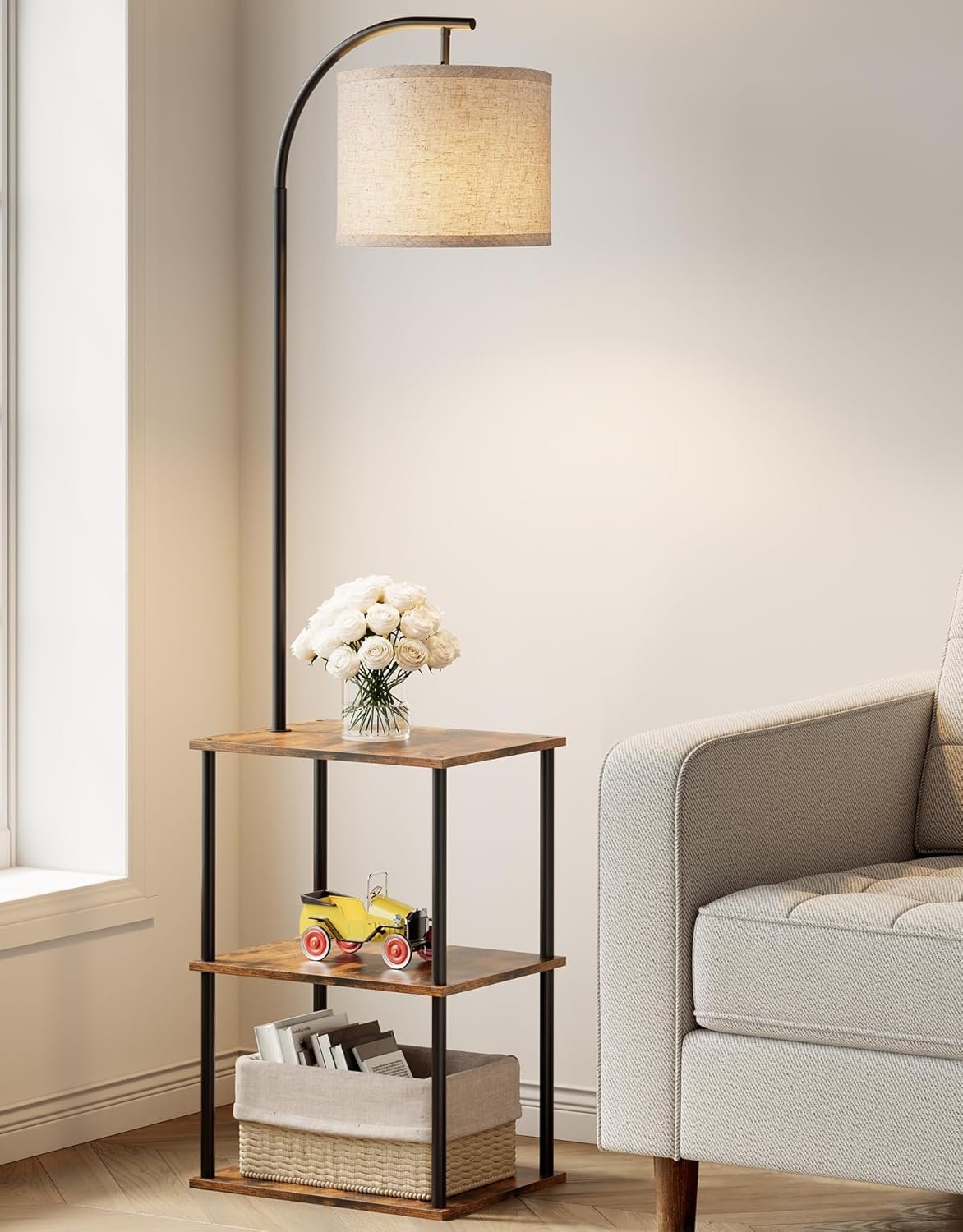 PARTPHONER Floor Lamp with Table, Night Stand with Lamp, Narrow Side Table with 3CCT LED Bulb, Small Coffee Table, Modern End Table with Storage Shelves for Living Room Bedroom Home Décor