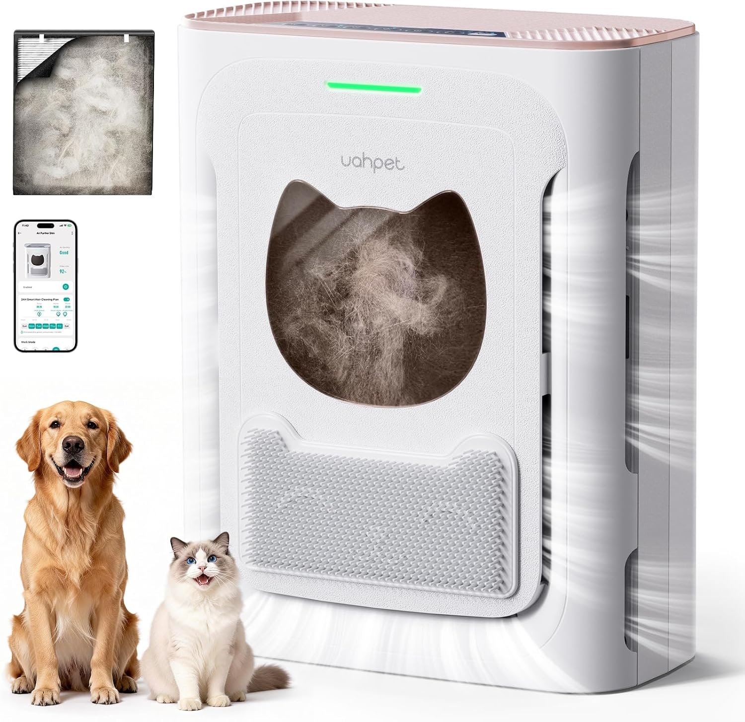 uahpet Pet Air Purifier for Home, Reduce Pet Hair, Dander, Odors, Dust, Smoke for Large Rooms up to 2100 Ft², Air Cleaner with H13 HEPA, Washable Pre-Filter & Air Quality Monitor, White+Pink