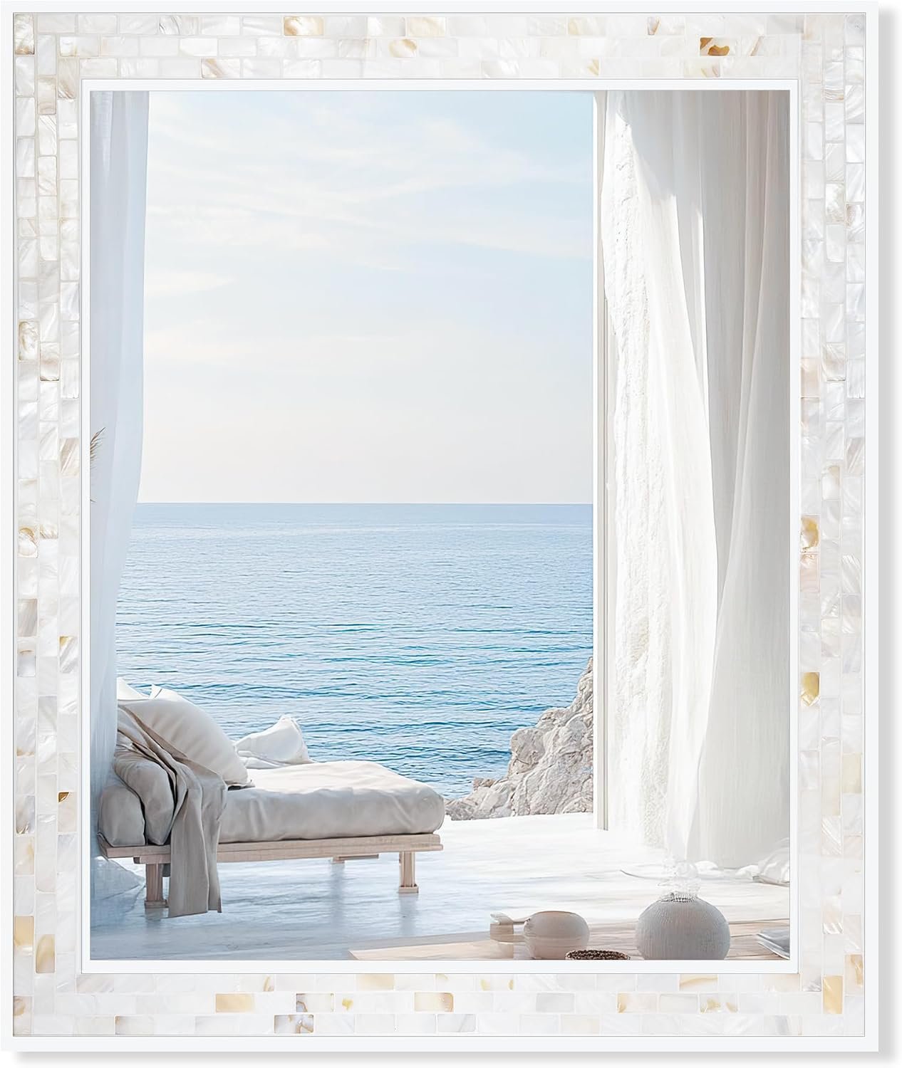Tanmicoshomy White Bathroom Vanity Mirror 30×40 Inch for Wall | Tempered Glass, Wood& Shell Mosaic Frame, Coastal Decor for Bedroom, Living Rom, Entryway
