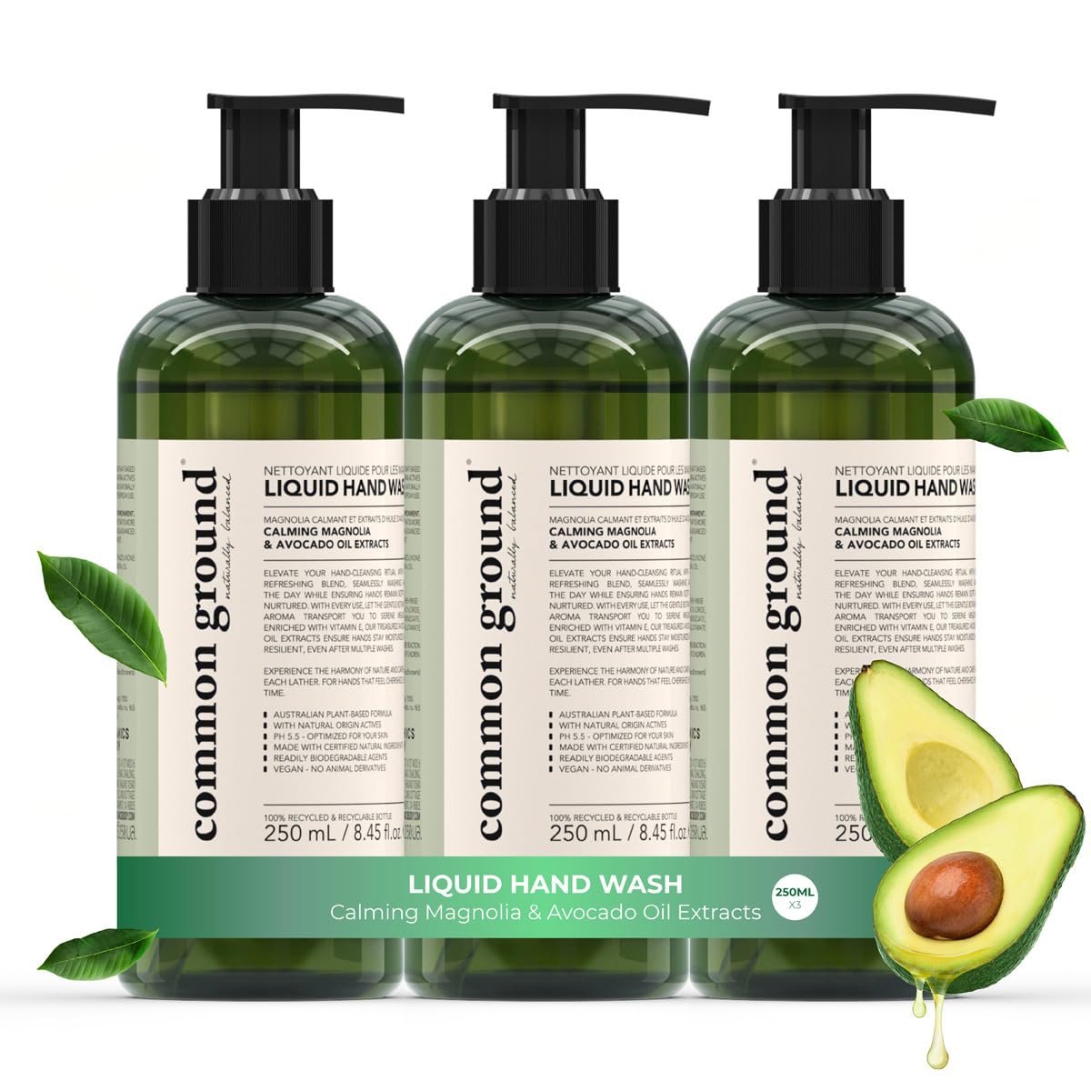 COMMON GROUND Natural Hand Wash Soap – Paraben & Cruelty Free – Daily – Vegan, Plant-Based, Avocado Oil – For All, Men, Women, Eczema, Sensitive Skin 8.4 Fl Oz (3 Pack)