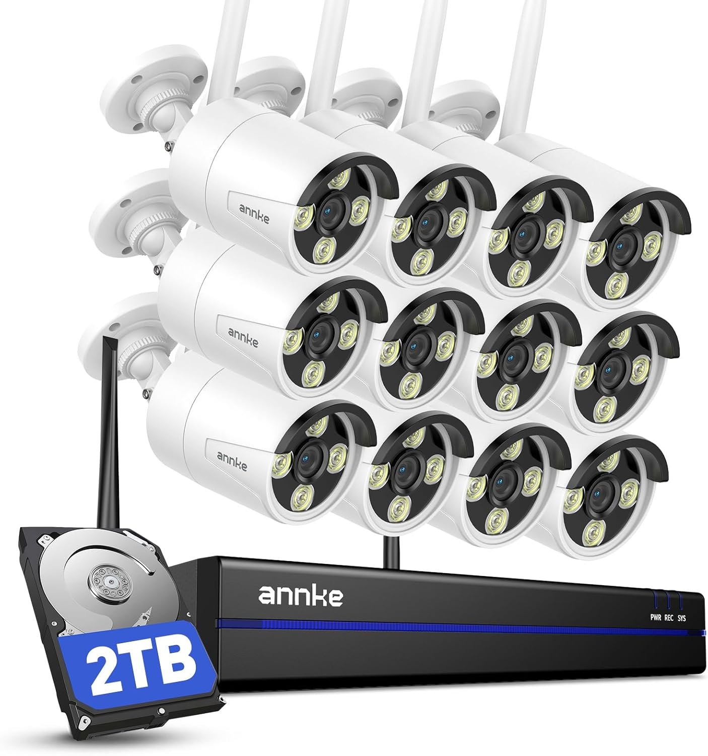 ANNKE Wireless Security Camera System 2TB Hard Drive, 16CH 4K WiFi NVR Kit, 12Pcs 2K Home Surveillance Cams for Indoor/Outdoor, 2-Way Audio, Night Vision, Weatherproof, Motion Detection, Metal Housing