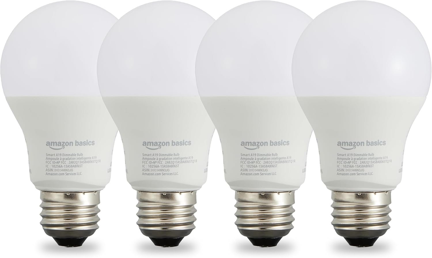 Amazon Basics Smart A19 LED Light Bulb, Dimmable Soft White (2700K), 9W (60W Equivalent), 800LM, Energy Efficient, Works with Alexa Only, 2.4 GHz Wi-Fi, No Hub Required, 4-Pack