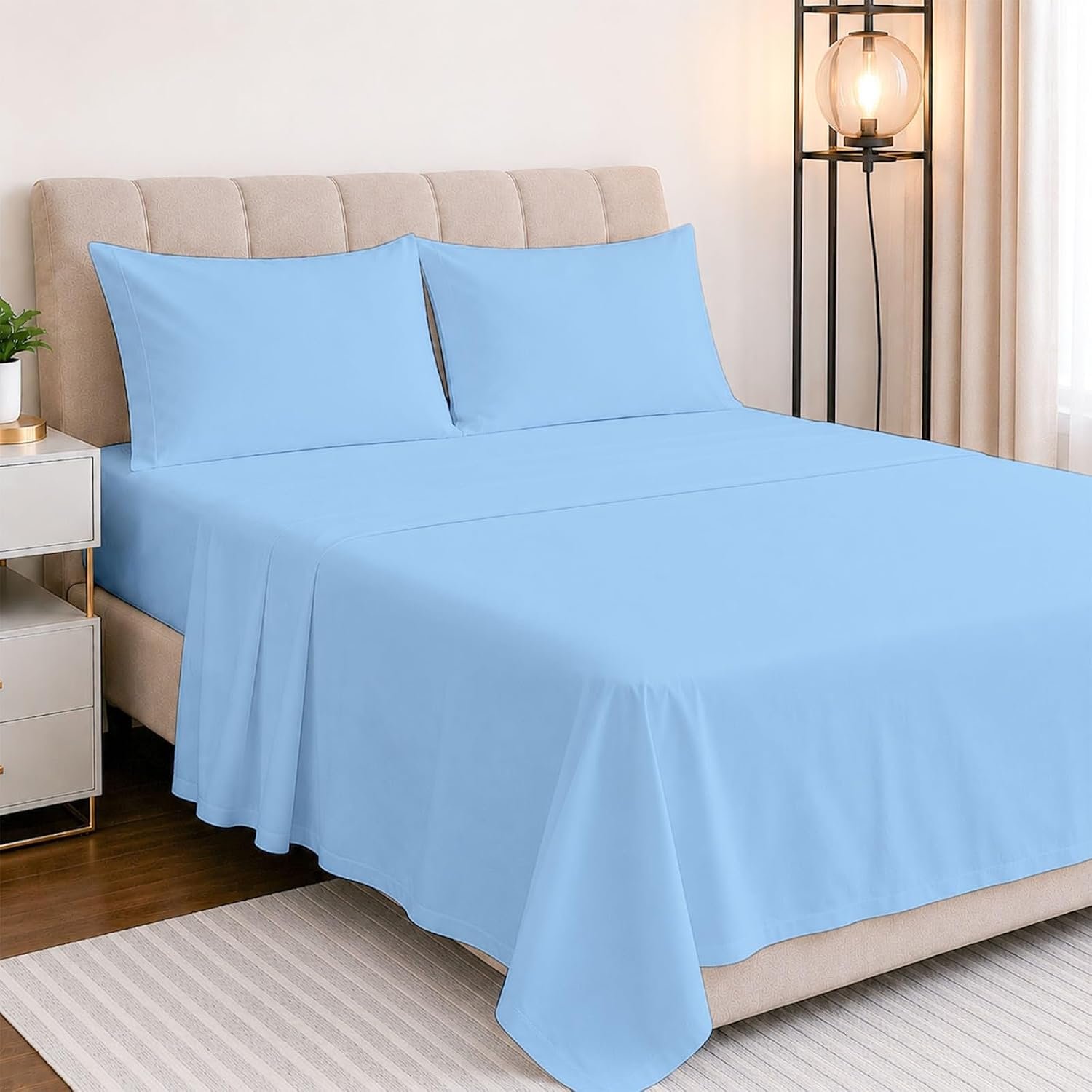 NON Sticky cotton 4 Piece Queen Extra Deep Pocket Sheet Set, 100% Egyptian Cotton, Soft and Breathable Bedding Sheets, Fits 18″ to 24″ High Mattress, 60″ x 80″, Light Blue Solid
