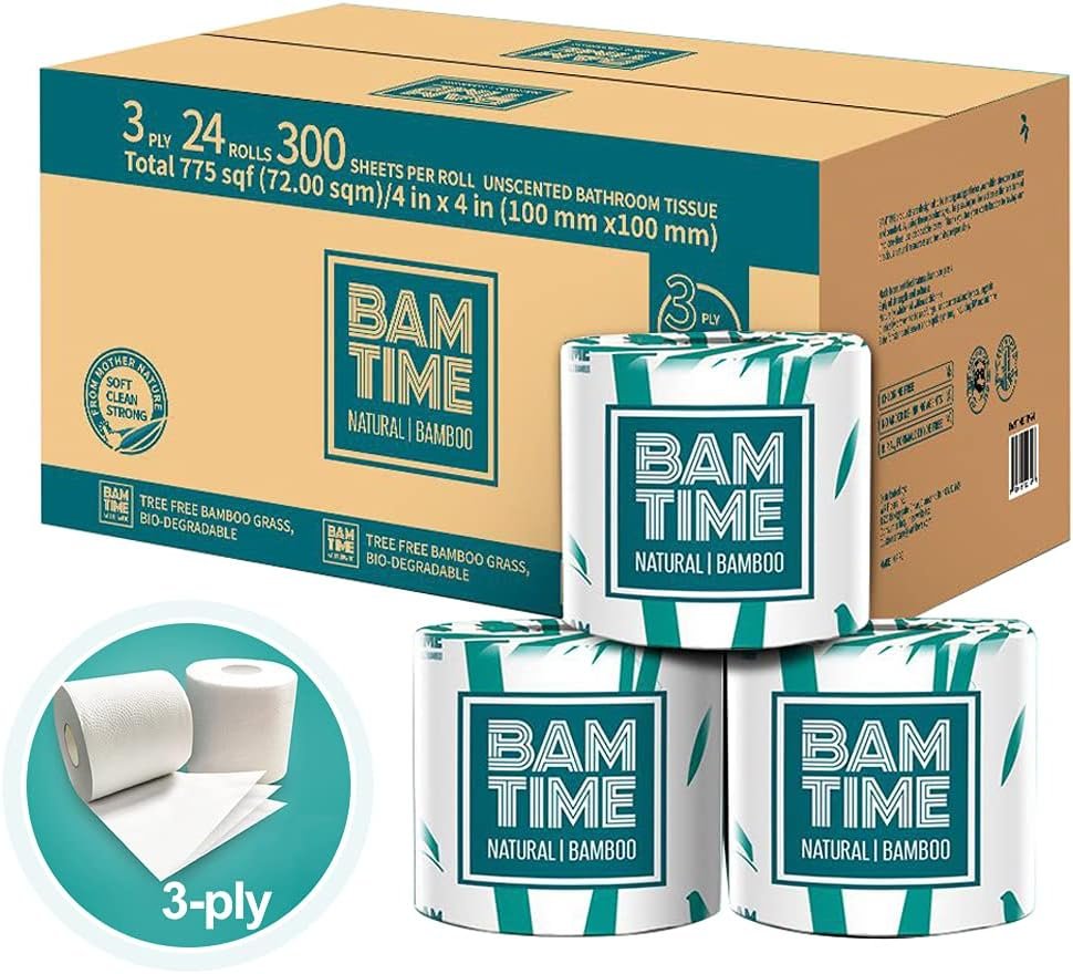 Toilet Paper, 100% 3ply Bamboo Toilet Paper, 24 Rolls, 300 sheets, 7200 Count, pack of 24, plastic free, Tree free, Biodegradable