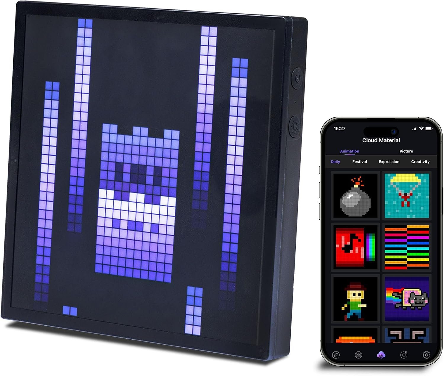Merkury Innovations Tech Solutions Smart Bluetooth Pixel Frame – 32×32 Programmable RGB LED Display for Art, Animations, Digital Clock, DIY Decor, and Gaming Accessories