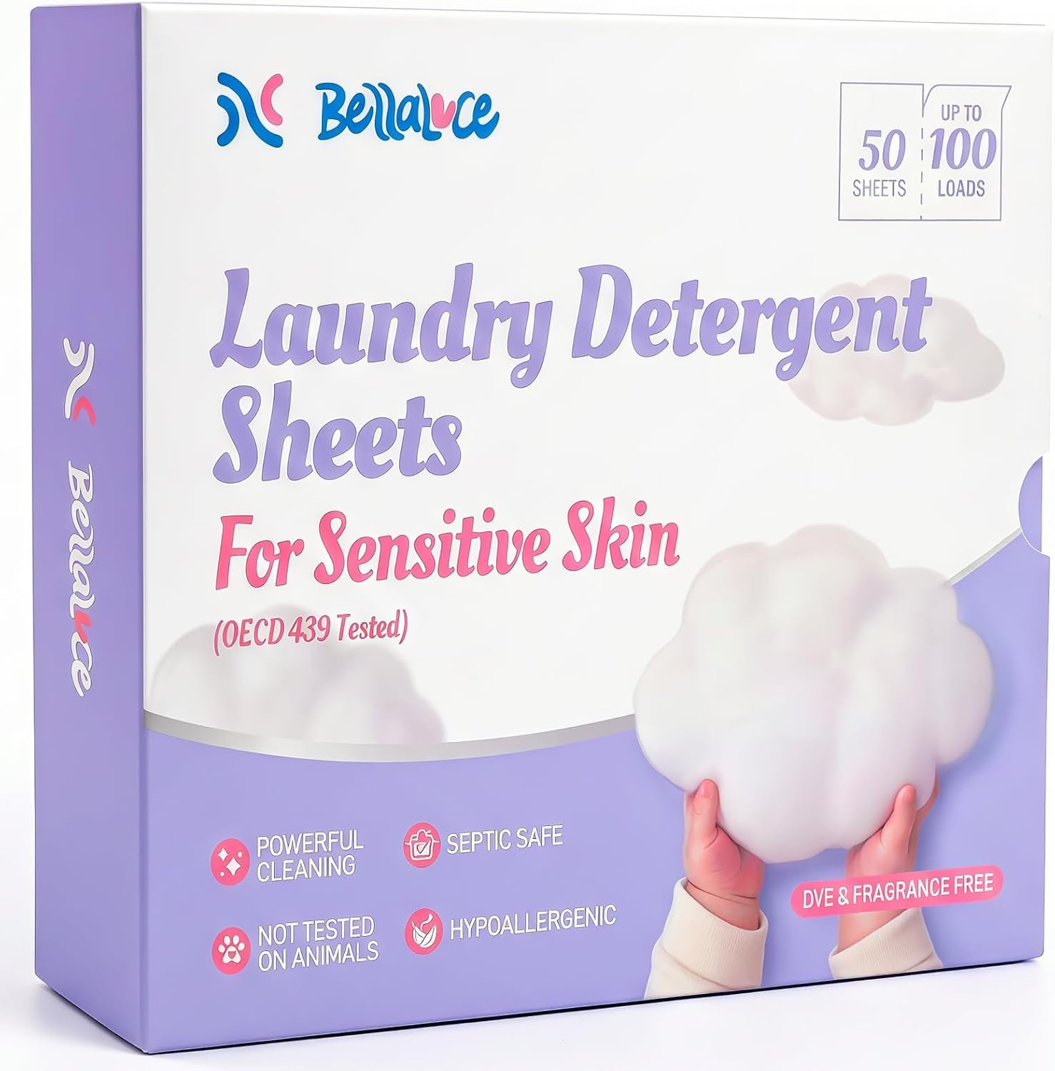 BellaLuce Sensitive Skin Laundry Detergent Sheets, 100 Loads, 50 Count | Hypoallergenic, Fragrance-Free, Gentle Formula for Baby Clothes, Travel & Dorm Essentials