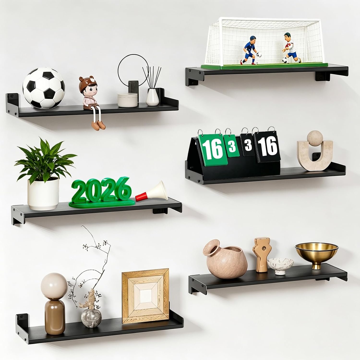 Floating Shelves for Wall, Shelves for Decor Storage Set of 6, Wall Mounted Wood Shelf for Bedroom, Living Room, Bathroom, Kitchen,Long Picture Ledge Shelves.(Black)