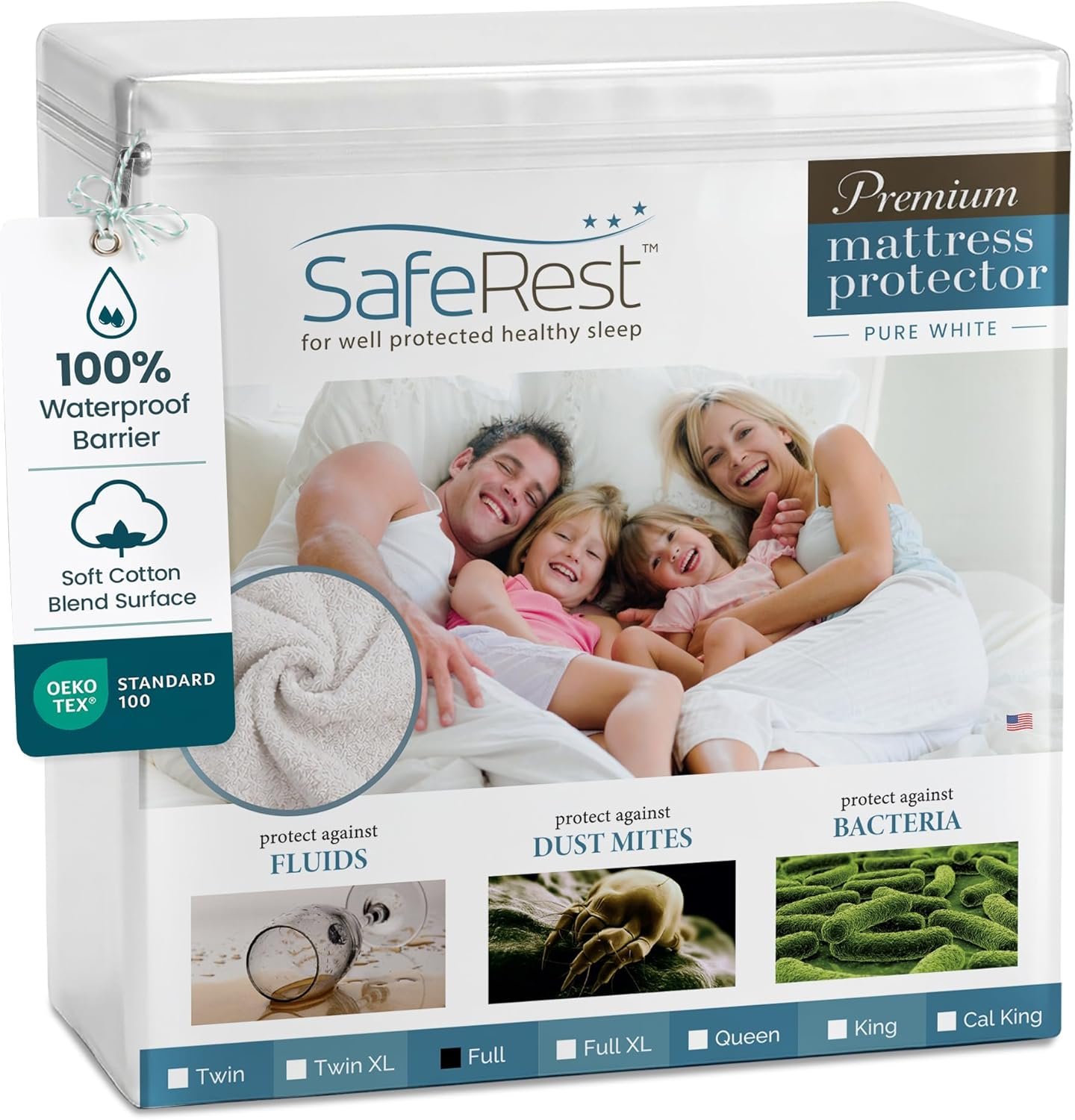 SafeRest Waterproof Full Size Mattress Protector – Fitted with Stretchable Pockets – Machine Washable Cotton Blend Mattress Cover for Bed