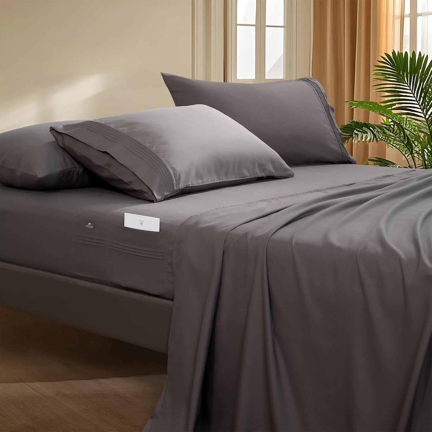 Deep Pocket King Sheet Set – 4 Piece Kingsize Bed Sheets – Breathable & Cooling – Hotel Luxury-Easy Care Moisture Wicking, Cooling & Soft Bedding for Women, Men (Grey)