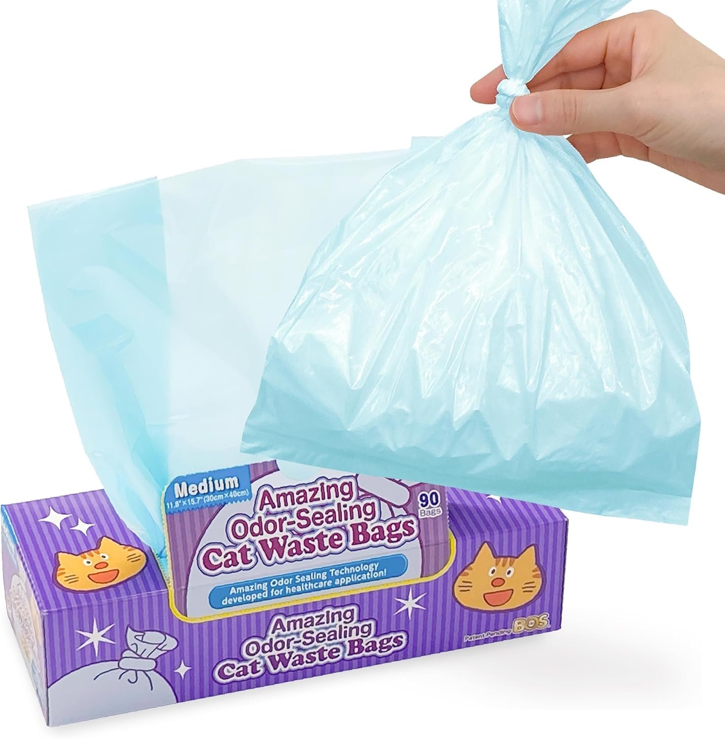 BOS Amazing Odor Sealing Cat Waste Disposal Bags – Durable and Unscented [Size: M, Color: Light blue] (90 count, Pack of 1) (90 Bags)