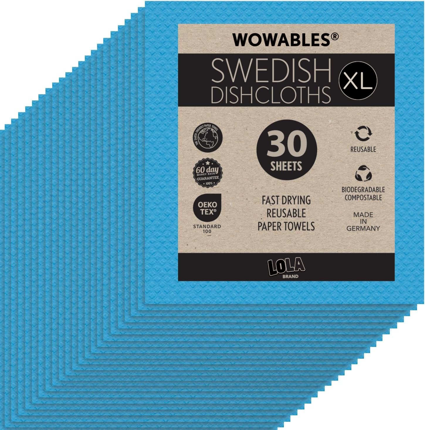 Swedish Dishcloths for Kitchen XL, 30 Sheet Roll, Biodegradable & Compostable, Reusable Paper Towel Cleaning Cloths, 11″ x 10″, No Odor, Washing Dishes, Ultra Absorbent Cellulose Sponge Towel, By LOLA