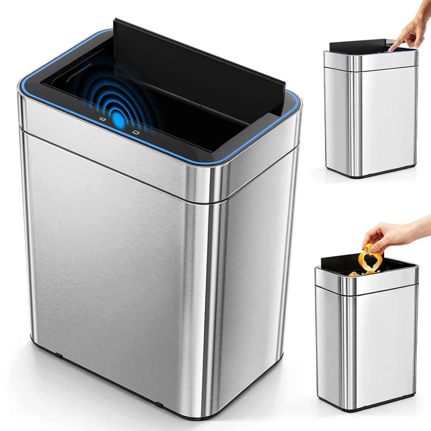 DuckSky 50 Liter/13.2 Gallon Trash Can Touchless Rectangular Motion Sensor Waste Bin with Lid, Soft-Close, Stainless Steel Finish, Fits Any Kitchen, Office or Home