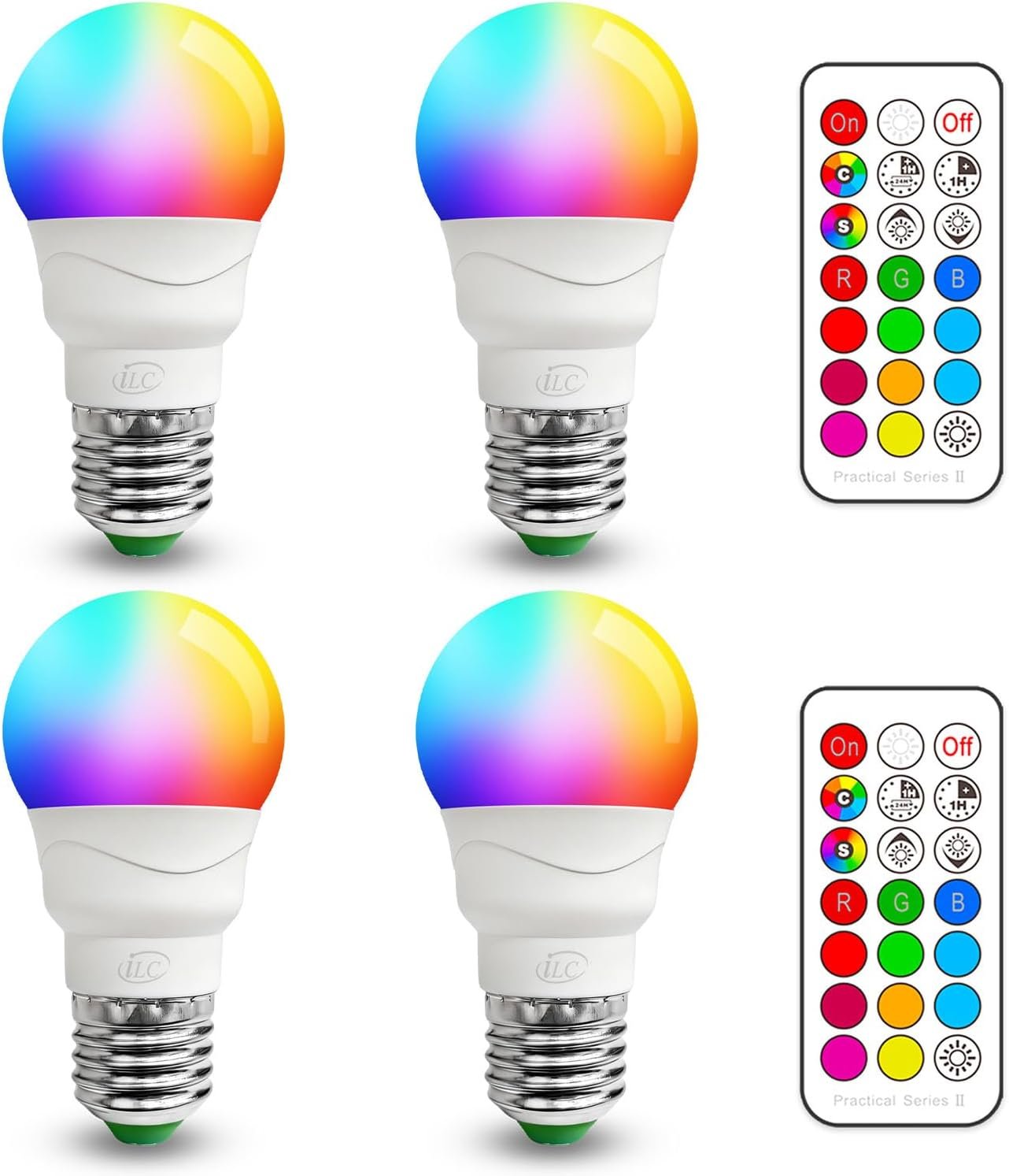 ILC RGB LED Light Bulb, Color Changing Light Bulb, 40W Equivalent, 450LM, 2700K Warm White 5W E26 Screw Base RGBW, A15 Colored Light Bulbs – 12 Color Choices – Timing Infrared Remote Control (4 Pack)