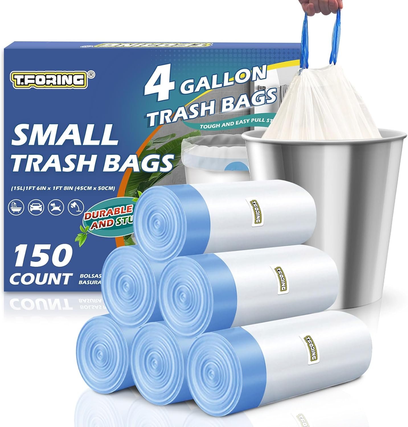 Small Trash Bags 4 Gallon Drawstring,1.1 Mil,Unscented,150 Count | Leakproof,Strong Plastic Garbage Can Liners,White,Fit 12 – 15 Liter Waste Bins,for Home Bathroom Office Car Everyday Use