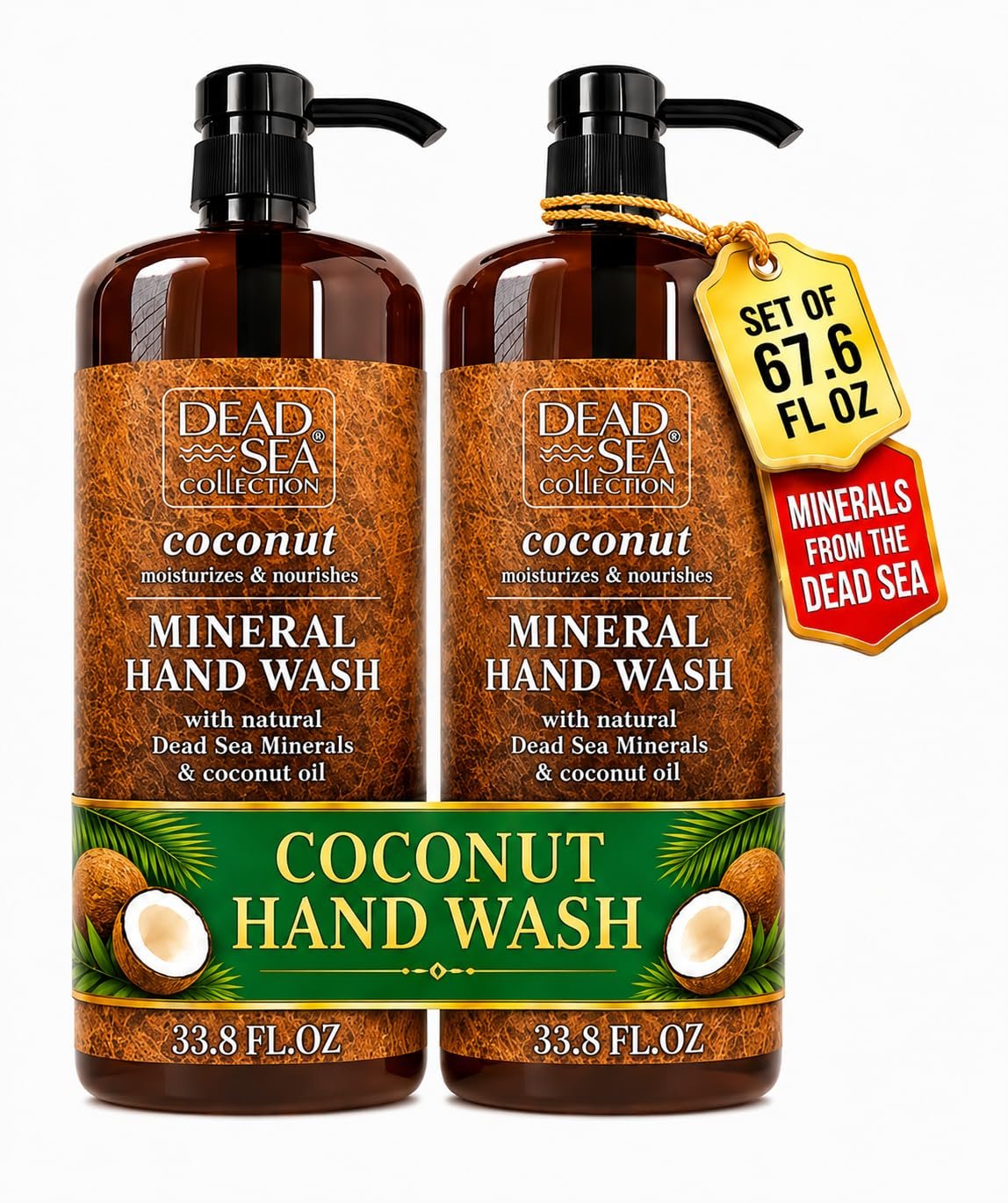 Dead Sea Collection Hand Soap Pump Coconut – Hand Wash Liquid with Dead Sea Minerals and Coconut Oil – All Skin Types Moisturizing & Nourishing – Pack of 2 (33.8 Fl Oz Each) – 67.6 Fl Oz