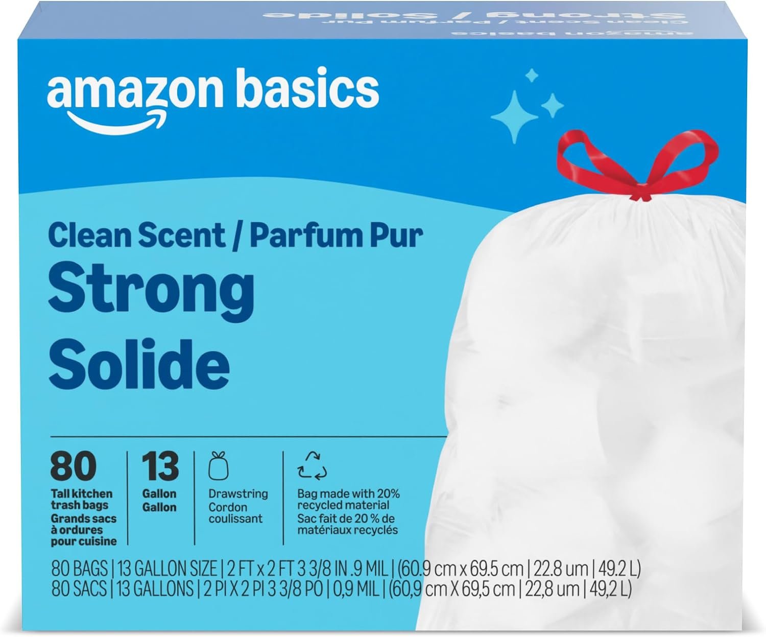 Amazon Basics Tall Kitchen Drawstring Trash Bags, Clean Fresh Scent, 13 Gallon, 80 Count, Packaging May Vary
