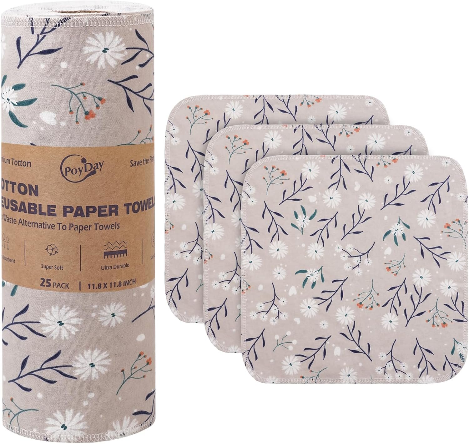 Paper Towels Washable Roll: 25Pack Cotton Cloth Paper Towels 11.8×11.8In Absorbent Soft Flannel Paperless Towels Alternative for Kitchen Reusable Napkins Zero Waste (Flower, Large)
