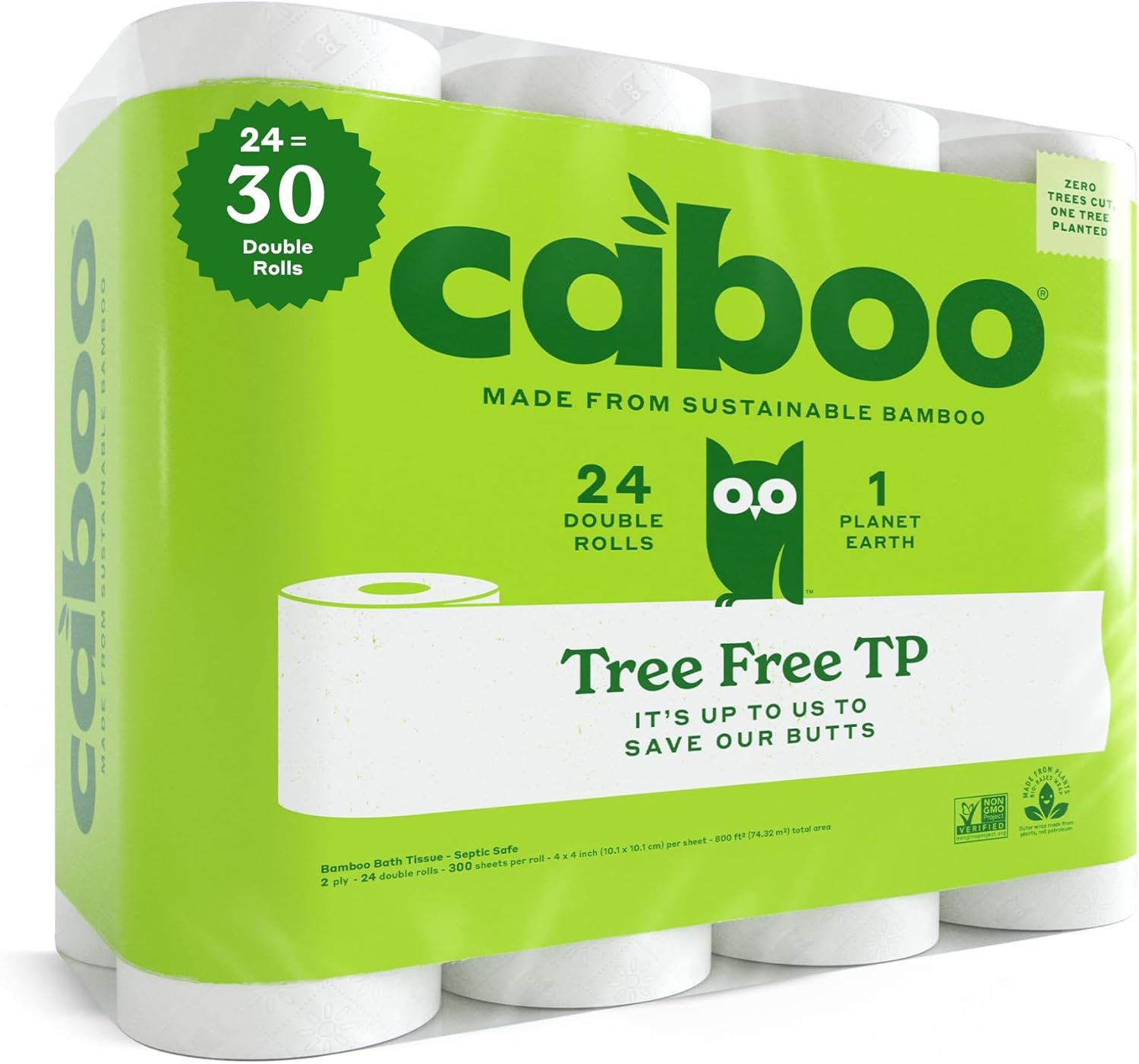Caboo Tree Free Toilet Paper | Septic Safe, Eco Friendly, Chemical Free, Non Toxic | 2 Ply Toilet Tissue, Pack of 24 Double Rolls, 300 Sheets Per Roll