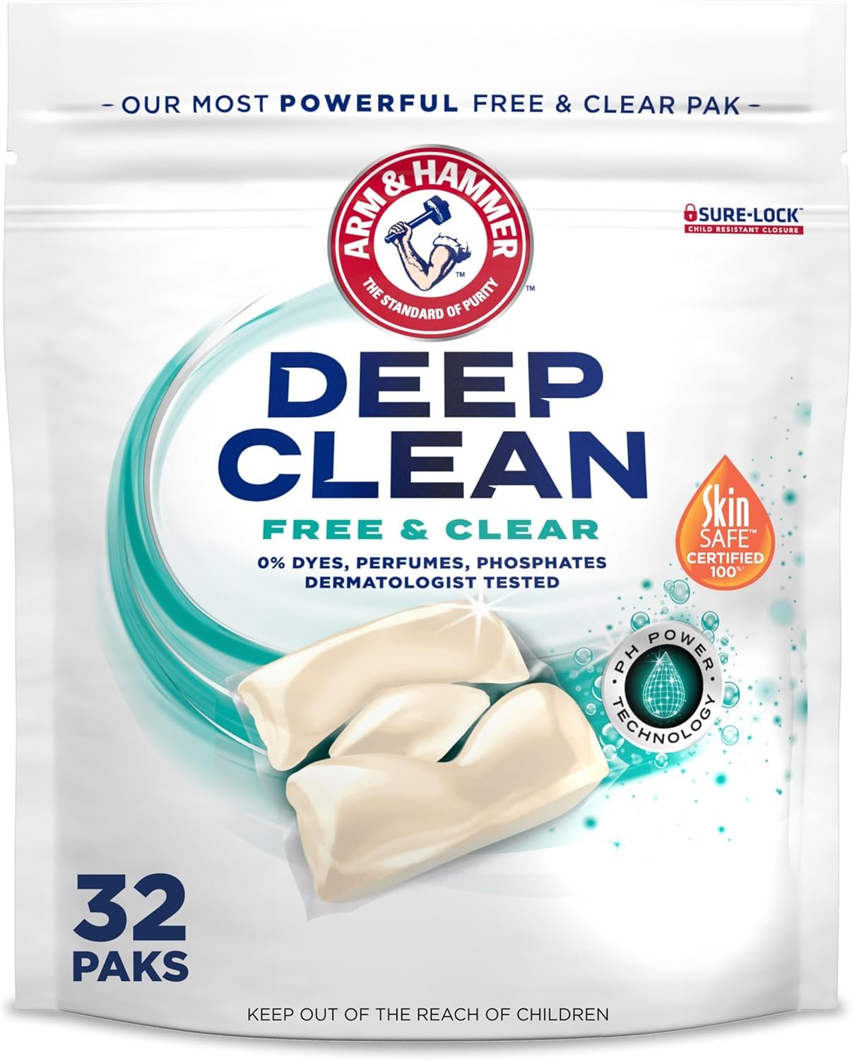 ARM & HAMMER Deep Clean Free & Clear Laundry Detergent Power Paks, Free of Dyes and Perfumes, Dermatologist Tested, 32 Count