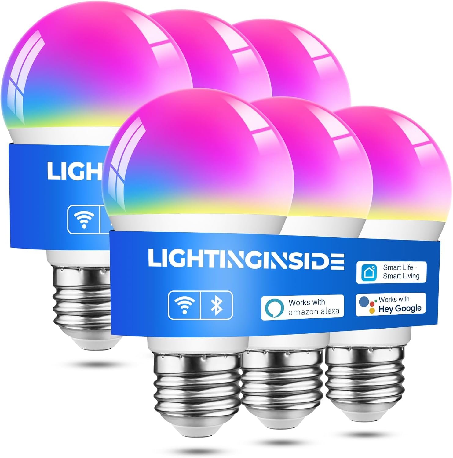 Lightinginside Smart Light Bulbs 6 Pack, Smart Bulb Works with Alexa/Google Home/SmartLife, CRI>90, RGBCW Color Changing Light Bulbs, 60W 2.4G WiFi & BLE A19 E26 LED Bulb, No Hub Required, ETL Listed