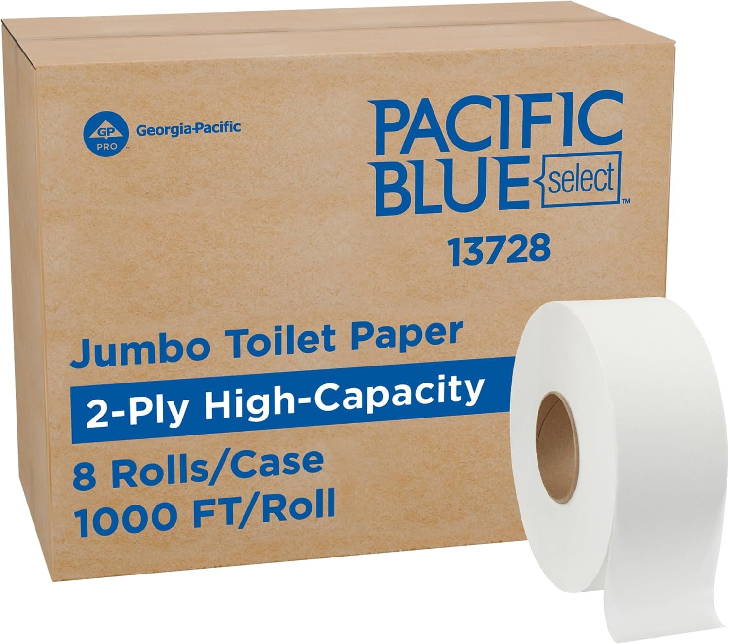 Pacific Blue Select by Georgia-Pacific PRO Jumbo Jr 2-Ply High-Capacity Toilet Paper, White, 1000 Feet Per Roll, 8 Toilet Tissue Rolls Per Case, 13728