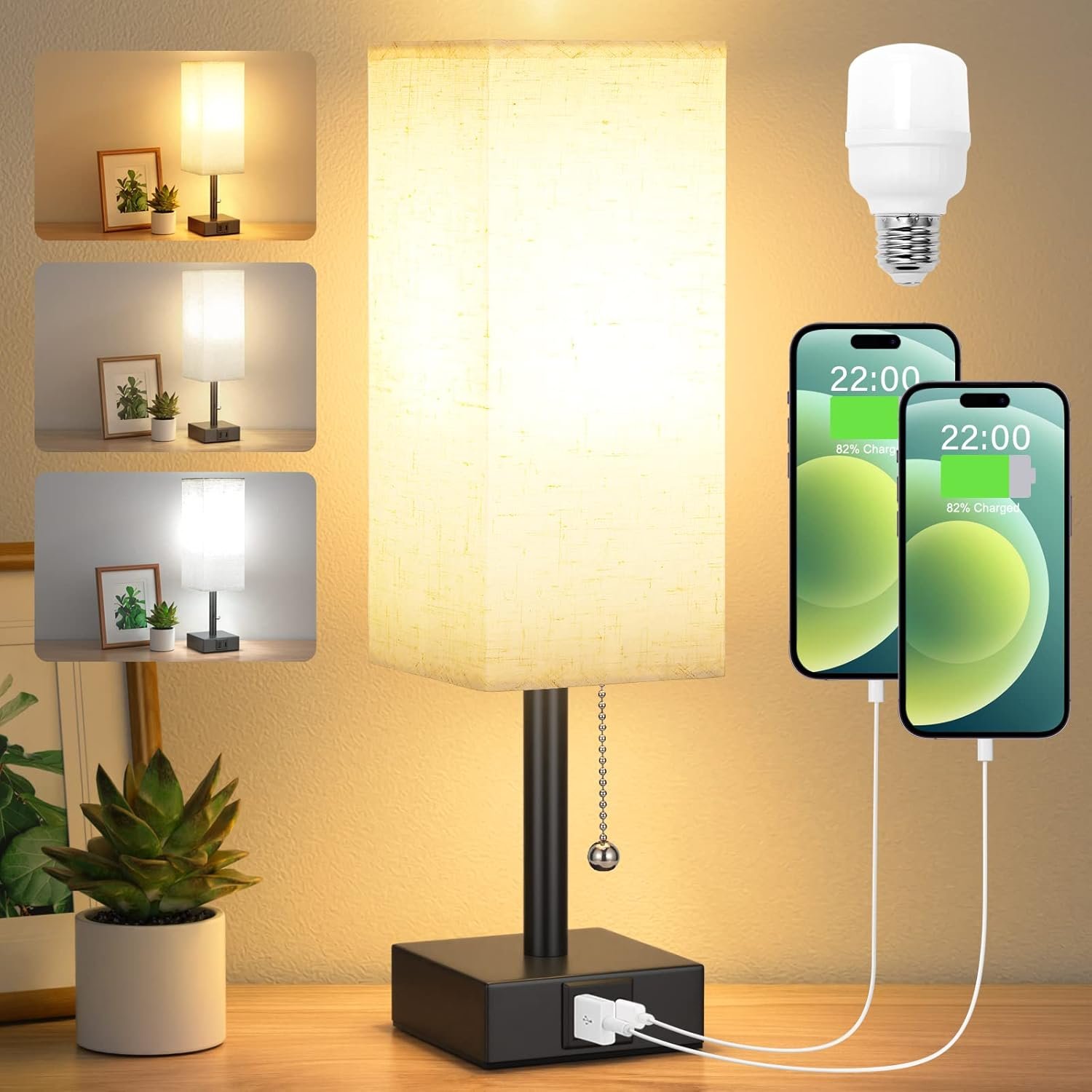 Bedside Table Lamp with 3 Color Temperatures – 3000/4000/5000K Small Lamp with USB C+A Ports, Nightstand Lamp with 3 Color Modes by Pull Chain, Bedroom Lamp for Living Read Work(LED Bulb Included)