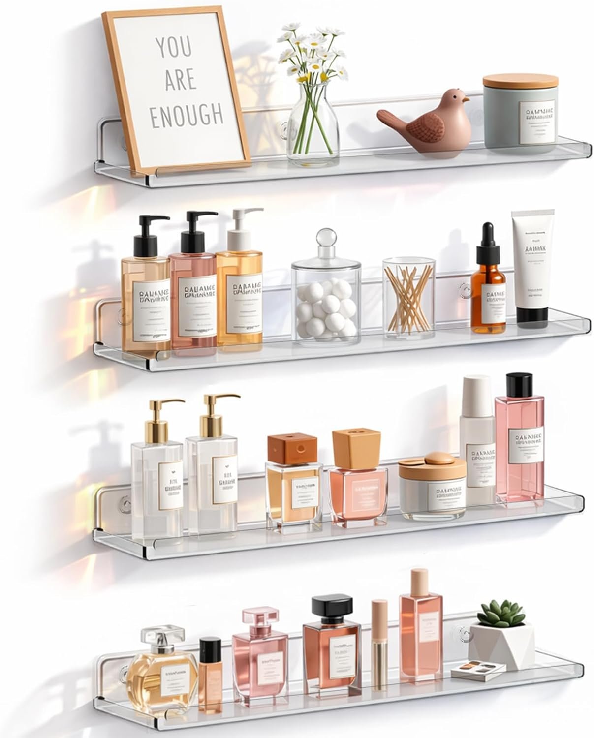 Lifewit Floating Shelves for Bathroom, Acrylic Display Shelf Wall Mounted for Makeup, Skincare, Nail Polish, Book, 14″ Perfume Organizer for Bedroom, Living Room, Nursery, Home Decor, Clear, 4 Pack