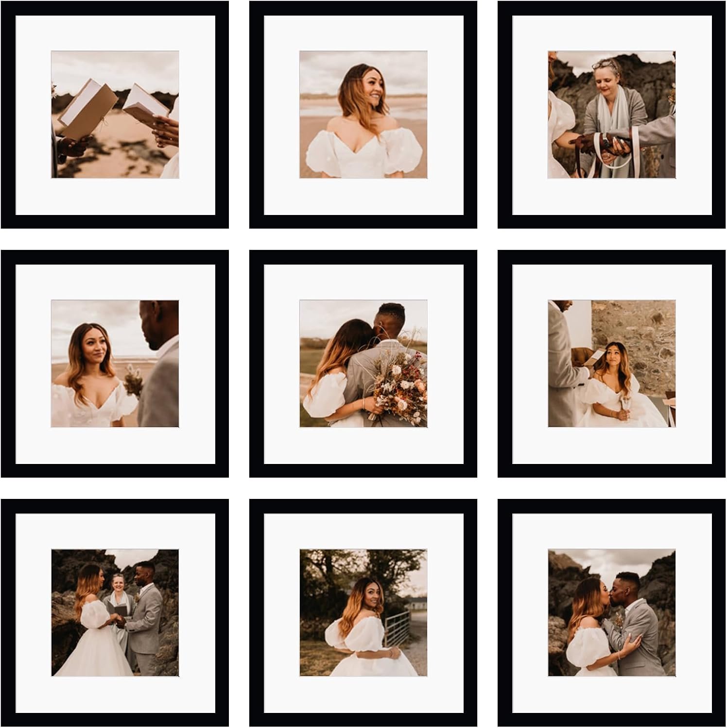 12×12 Picture Frame Set of 9, Display Pictures 8×8 with Mat or 12×12 without Mat, Multi Collage Gallery Square Photo Frames for Wall or Tabletop, Black