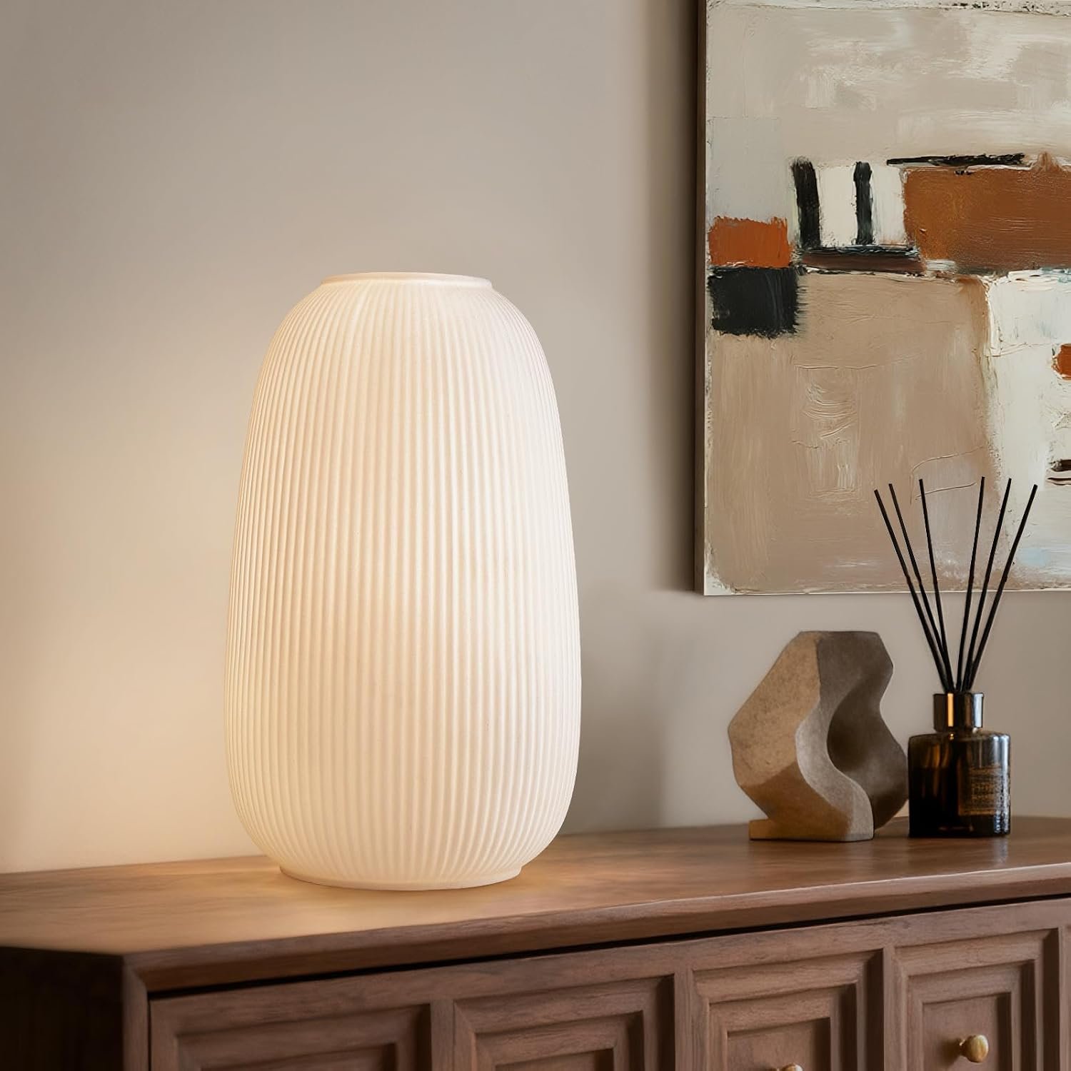 RONDURE 9.5″ Modern Ceramic Table Lamp, Fully Dimmable Bedside Lamp for Bedroom Living Room Nightstand, White Translucent Ceramic Shade, Warm Ambient Decorative Corded Lighting, Bulb Included