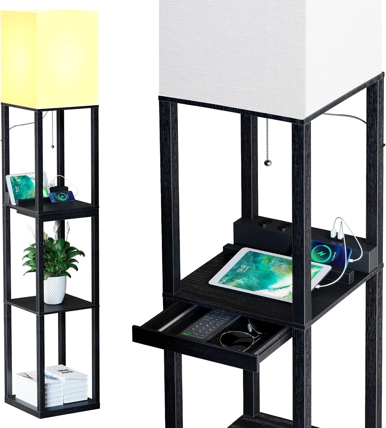 SUNMORY Floor Lamp with Shelves,Modern Dimmable Solid Wood Standing Lamp with 1 Drawer and 2 USB Ports & 2 Power Outlet,Corner Tall Bookshelf Lamp for Living Room and Bedroom(Black)