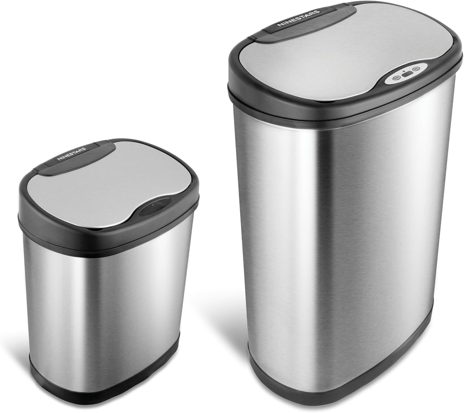 Ninestars Two-Piece Automatic Trash Can Combo Set, 13 Gal (50L) & 3 Gal (12L) Touchless Motion Sensor Garbage Cans with Odor-Sealing Lids, Matching Oval Stainless Steel, Black Trim