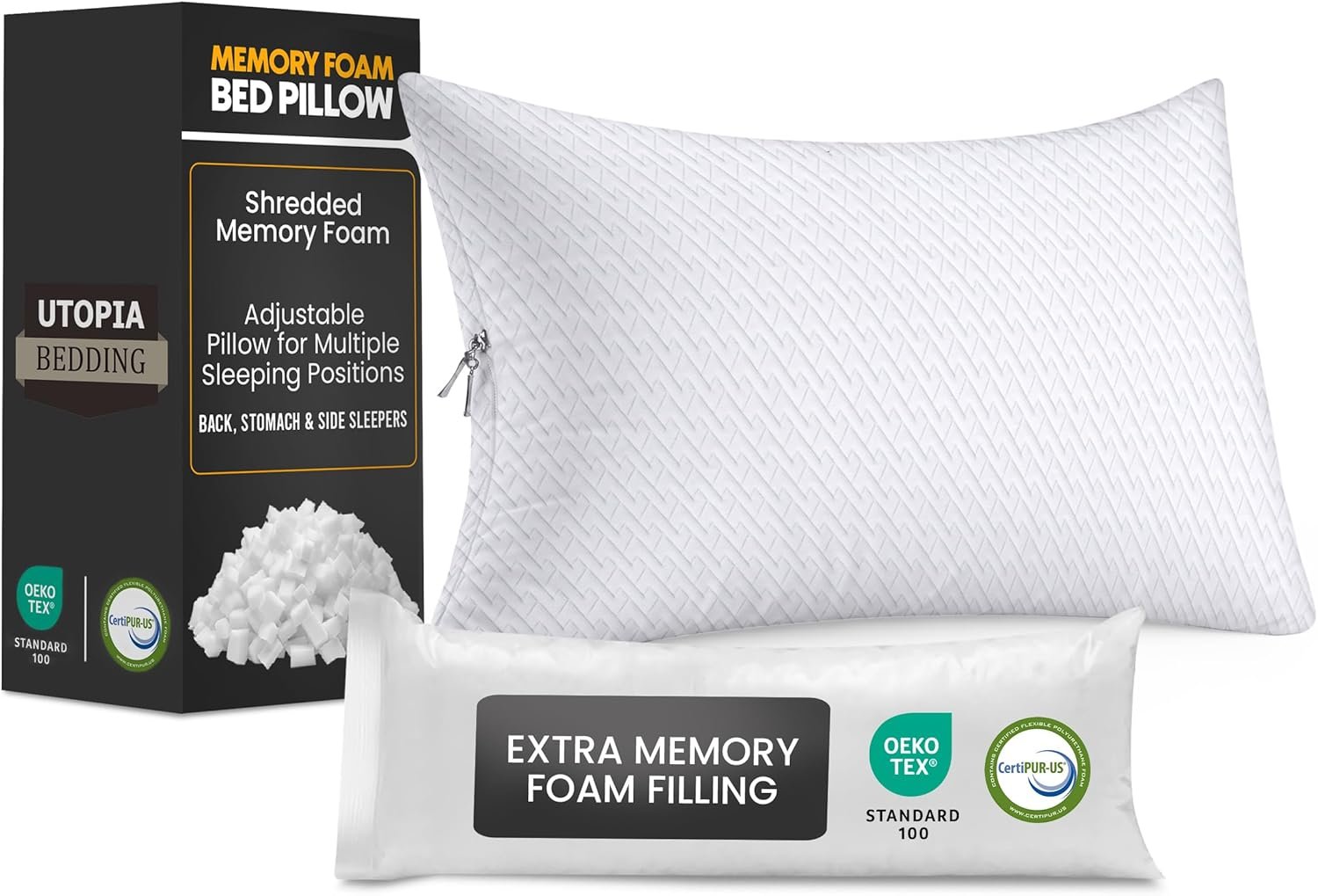 Utopia Bedding Shredded Memory Foam Pillows (Queen), Cooling Adjustable Bed Pillows for Sleeping with Washable Pillow Case, Back, Stomach and Side Sleeper Pillow, Plush and Supportive (1 Pack)